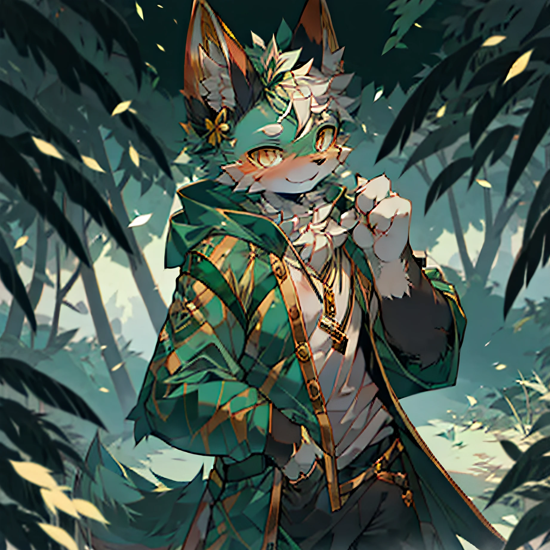 furry art,furry male,cat,white fur,golden eyes,green stripes on the face,dressed as a hunter in a forest, holding a bow