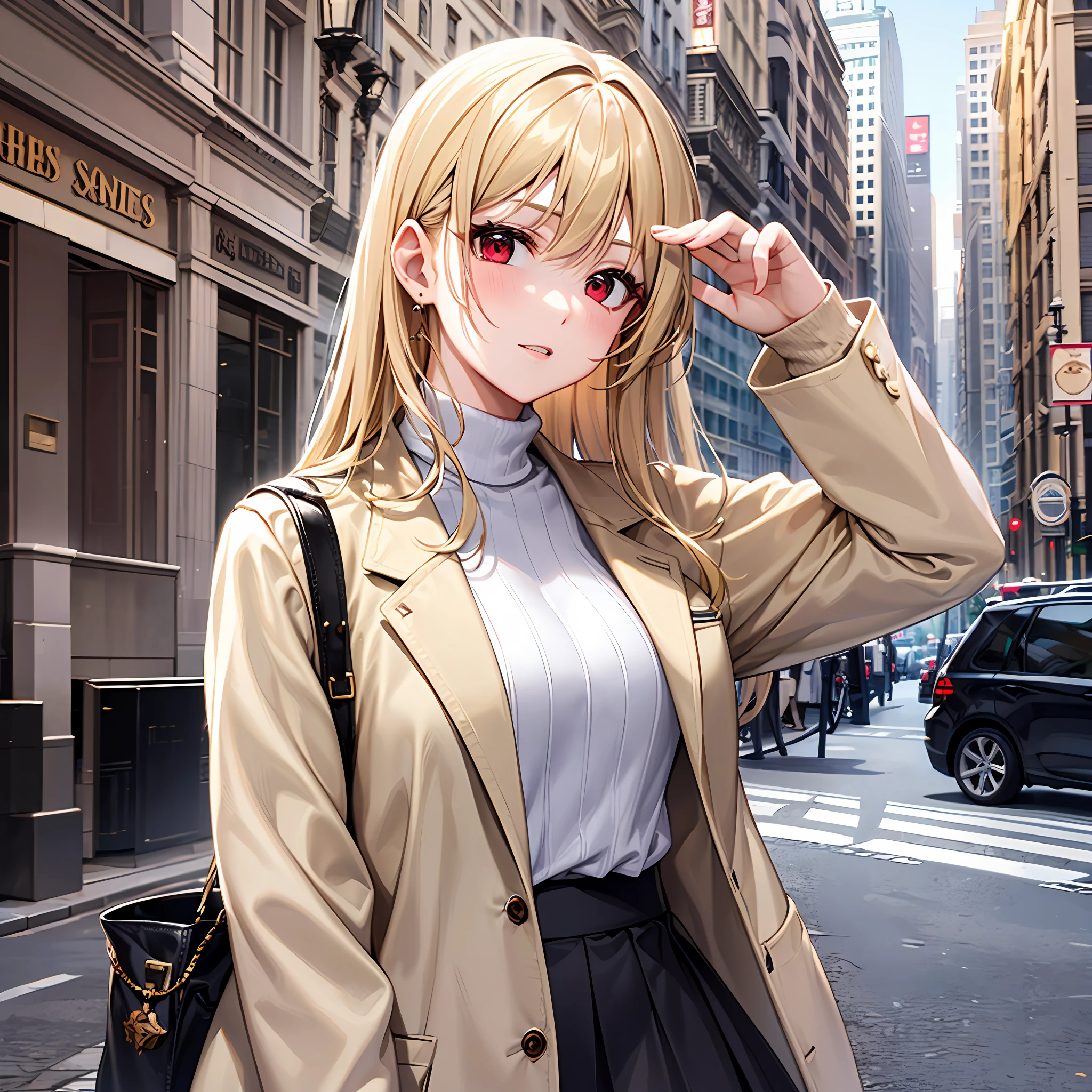 One blonde girl、red eyes、White turtleneck、Black long skirt
