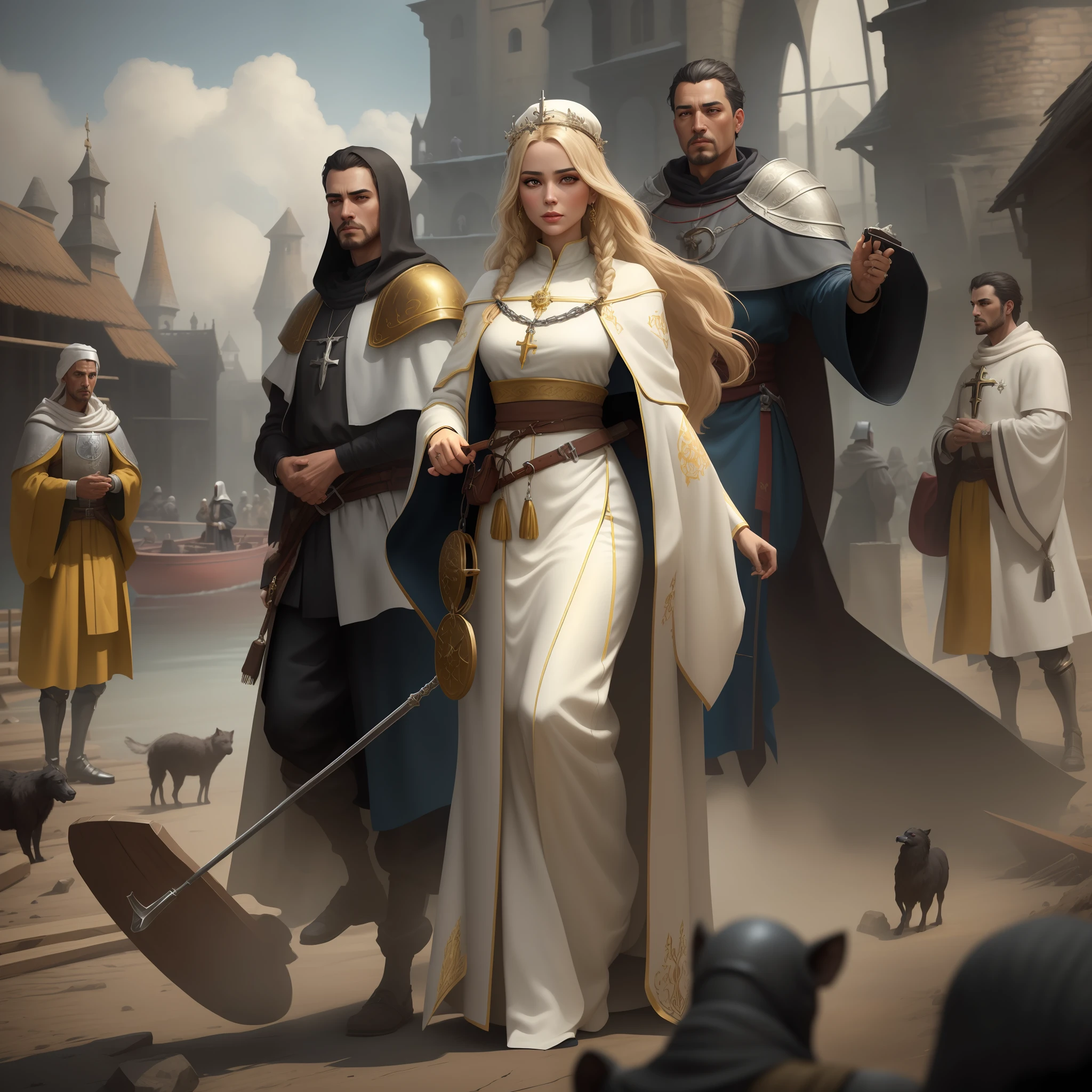 Highly detailed epic cinematic CG concept art renders digital painting: a boat stands a lot of people dressed in medieval clothes, White and gold priestess robes, Crusader kings, Gold and white robes, Medieval fantasy,dynamic dramatic cinematic lighting, accurate correct anatomy, aesthetically pleasing, very inspiring, hyper detailed illustration, 8k, hdrdetailed eyes, perfect eyes, epic, full body, detailed details, hyperrealism, detailed face, (((masterpiece)))