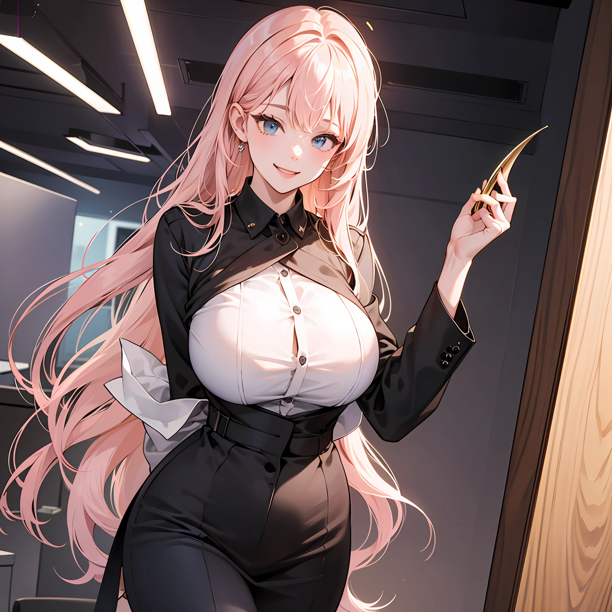 ((masterpiece, best)),(1girl),((mature woman)), light pink hair, dizzy, trumpet, ((office lady)), bangs, mid-chest, (full), slim, smiling, [wide hips] , office, standing, aru \(blue archive\), --auto