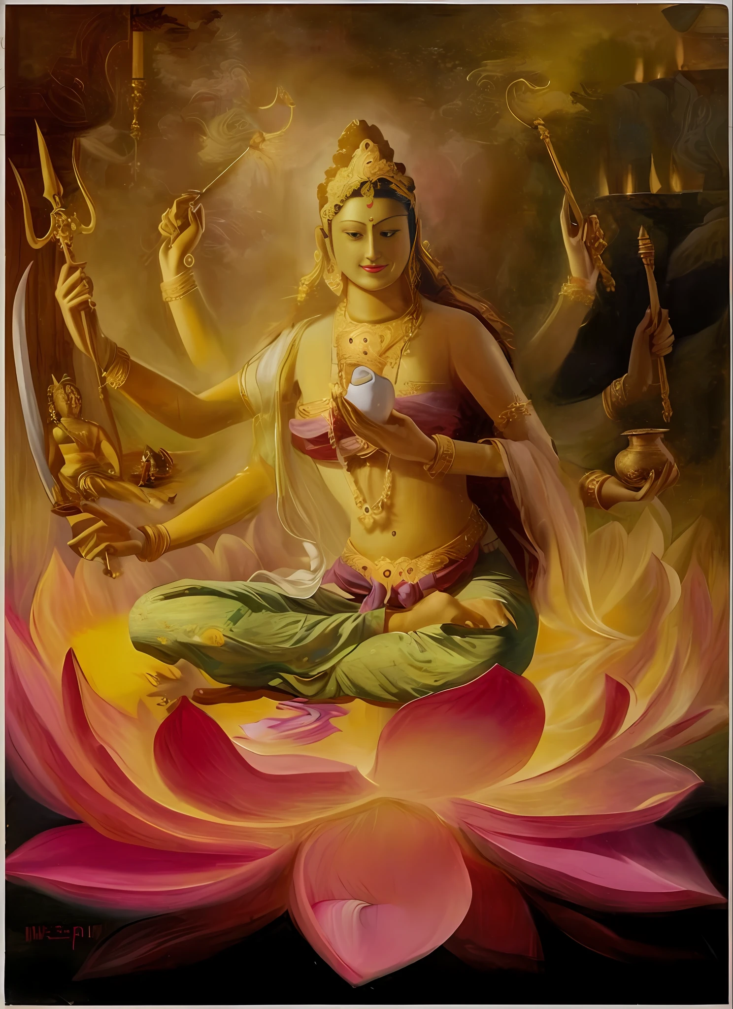 An eight-armed bodhisattva sitting in a lotus flower