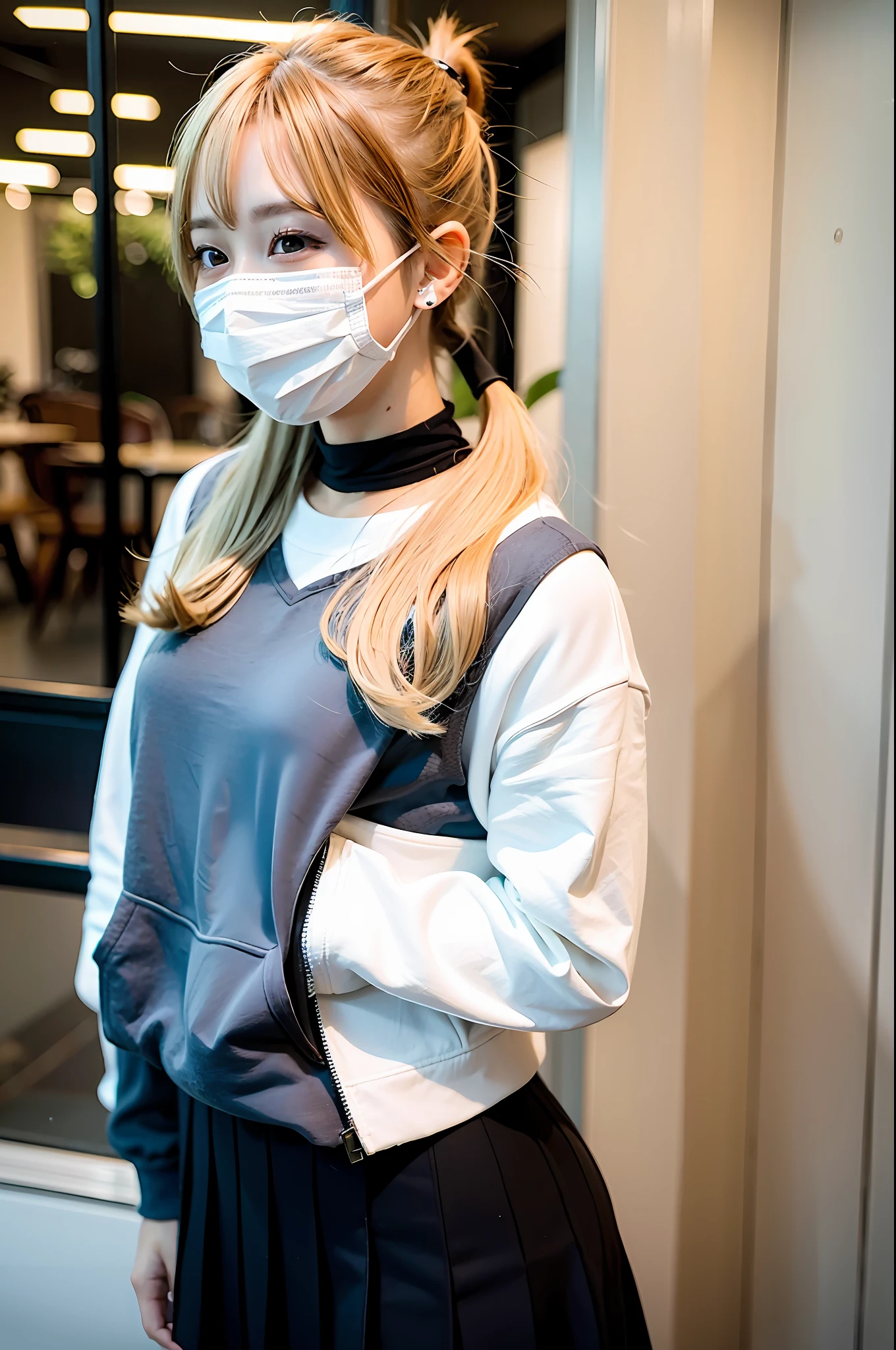 Top Quality, Ultra High Definition, (Photorealistic: 1.4), 1 Girl, Grey Hoodie, Mask, Black Tight Skirt, Black Choker, Blonde Hair, With Bangs, Profile, Gal