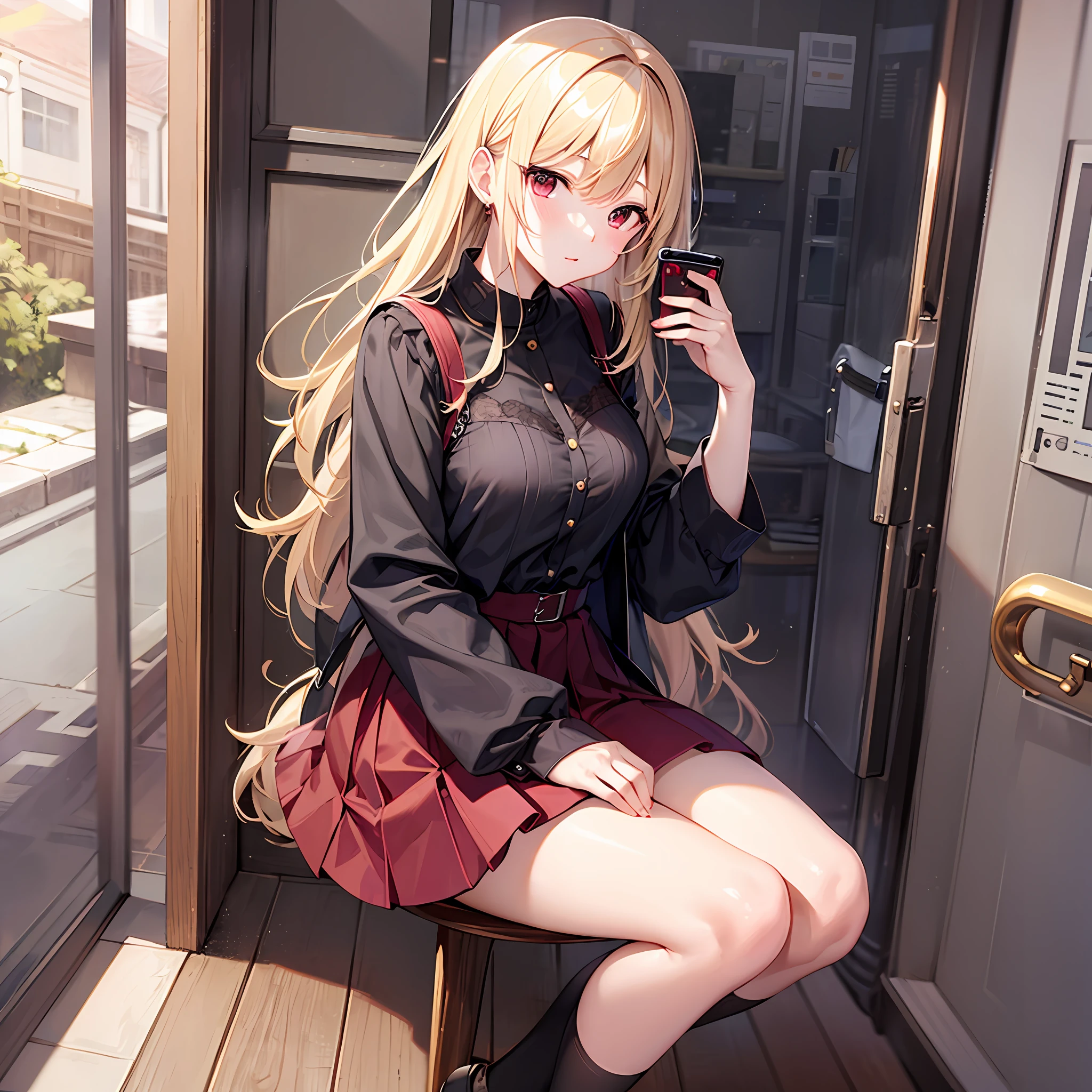 One blonde girl、red eyes、Neat and clean clothing、skirt by the