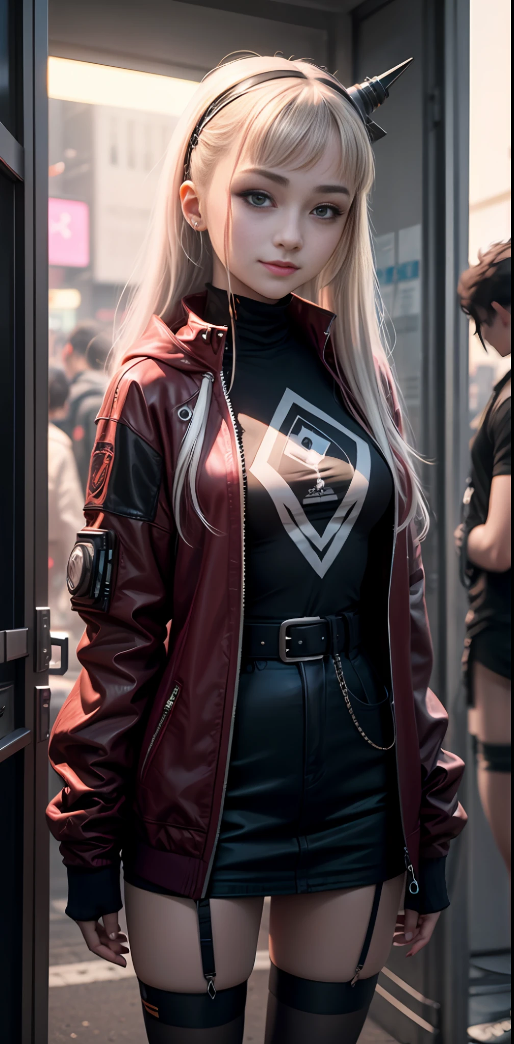 Cyberpunk style, teens girl, 年轻, whaite hair, ssmile, long whitr hair