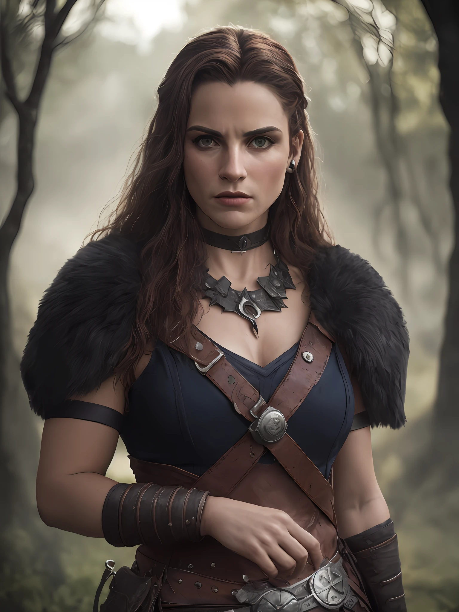 Close-up, (alta qualidade: 1.3), Cinematic Still Shot, obra-prima, (foco nítido: 1.5), (fotorrealista: 1.3), medium portrait of (a tired-looking Viking warrior woman, Loire, cabelo cortado lateralmente, tatuagens, Seios enormes, mas ainda orgulhosa e feroz, now the leader of her village , vestida com cota de malha elaboradamente detalhada e armadura de couro, floresta, giving the scene a somber atmosphere, but sculpting the shapes in crisp chiaroscuro), it is night time, (pele altamente detalhada), (rosto detalhado), fundo detalhado, dark ilumination, twilight lighting, volumeric lighting, detalhes complexos, UHD,