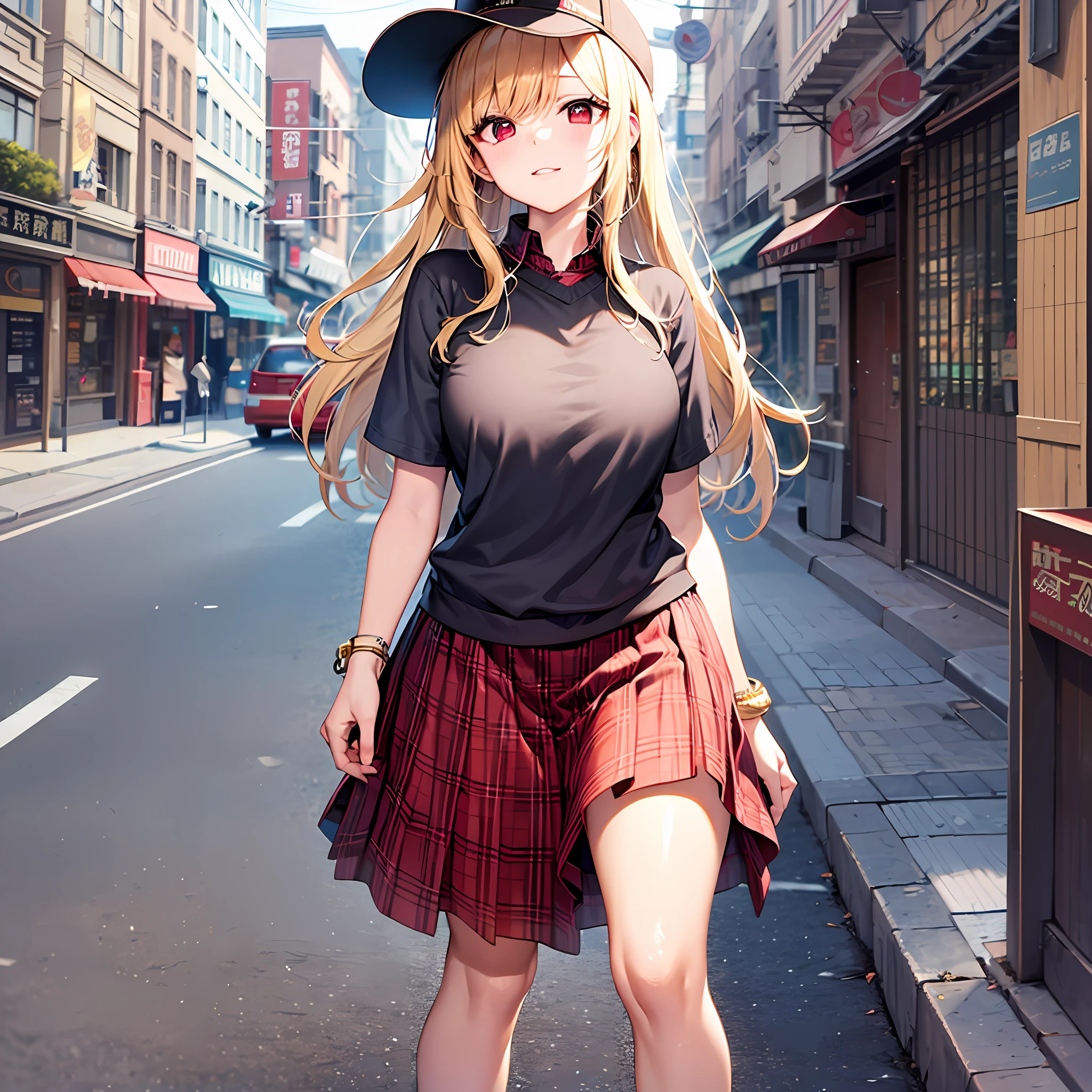 One blonde girl、red eyes、Neat and clean clothing、skirt by the