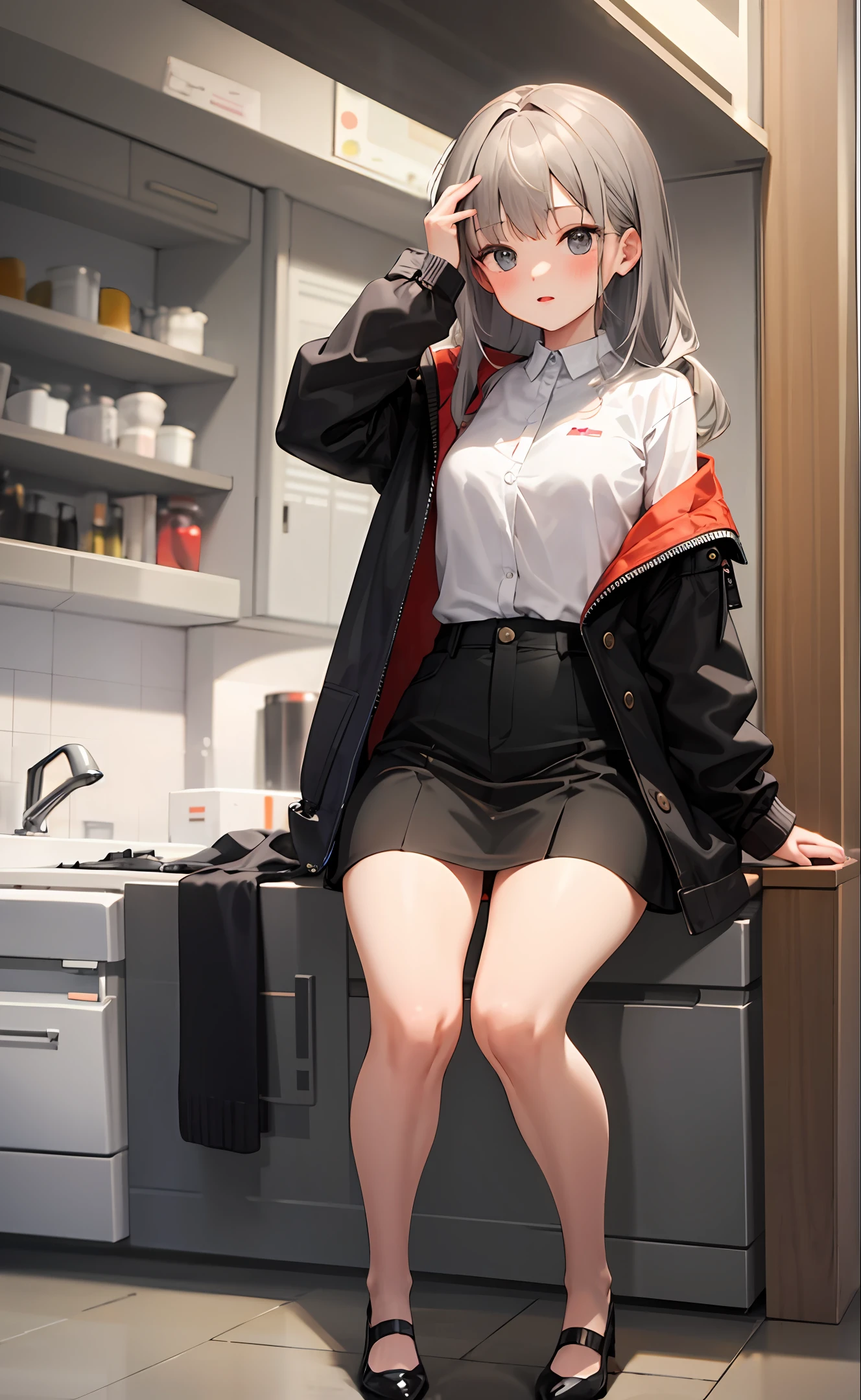 bare-legged，Gray-haired young girl，tmasterpiece，adolable，Fine，is shy，low head