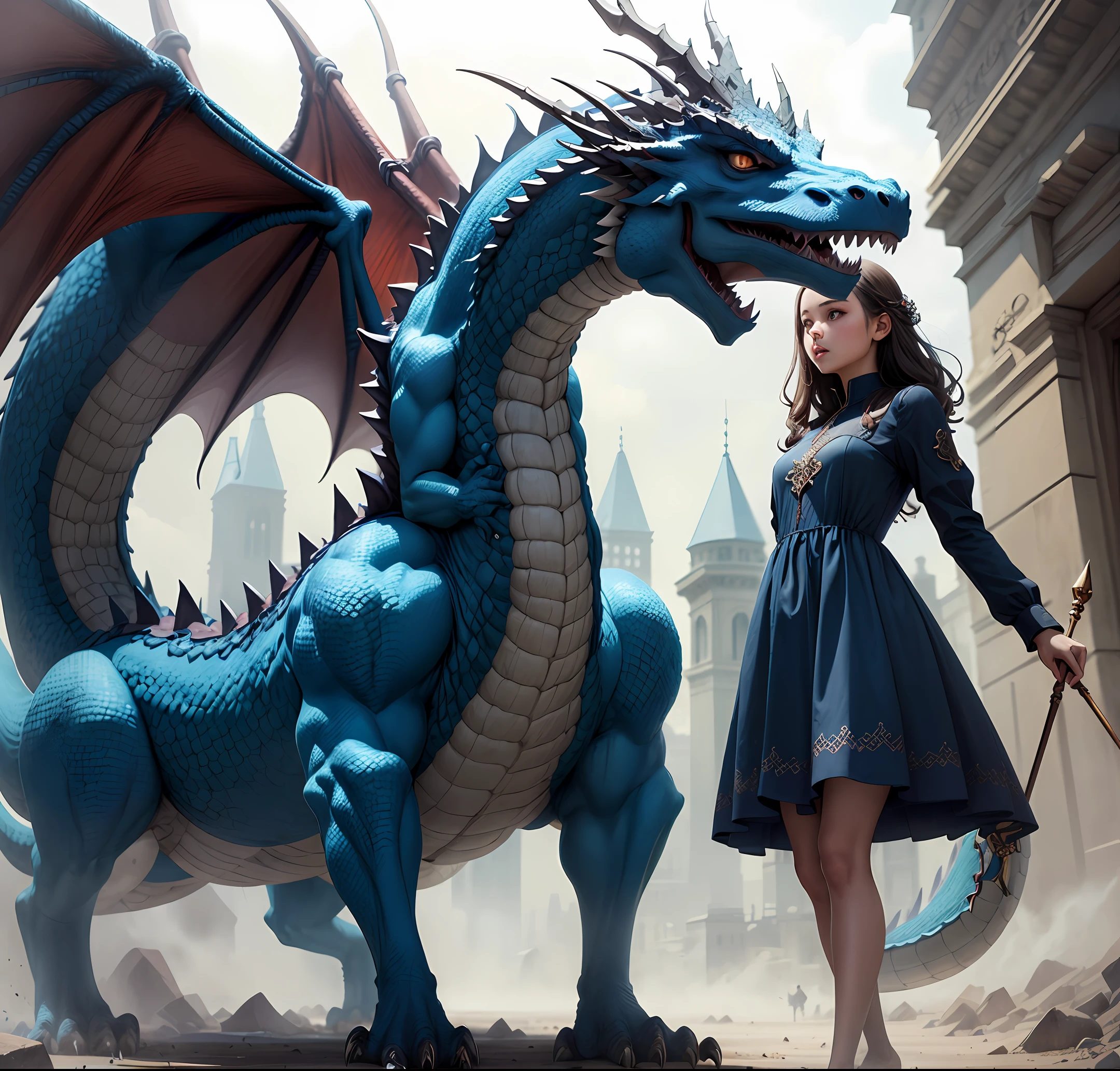 A girl in a blue dress stands under a dragon