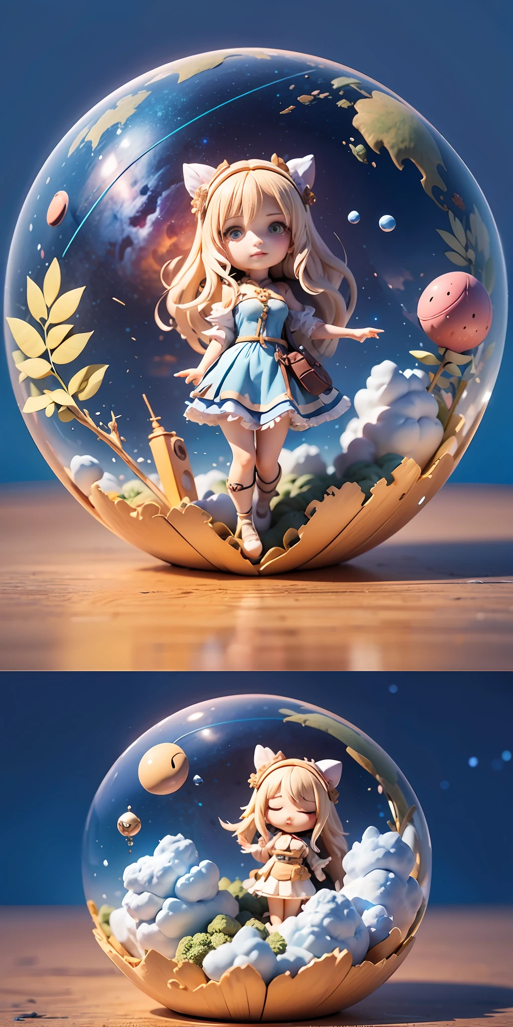 Ridiculous resolution, A high resolution, (巨作:1.4), ultra - detailed, Super cute girl full body 3D drawing,adolable,Poppy blind box,guardians of the galaxy, look from down, comical,the space, afloat,magia,earth in the sky,Blue Planet --v 6