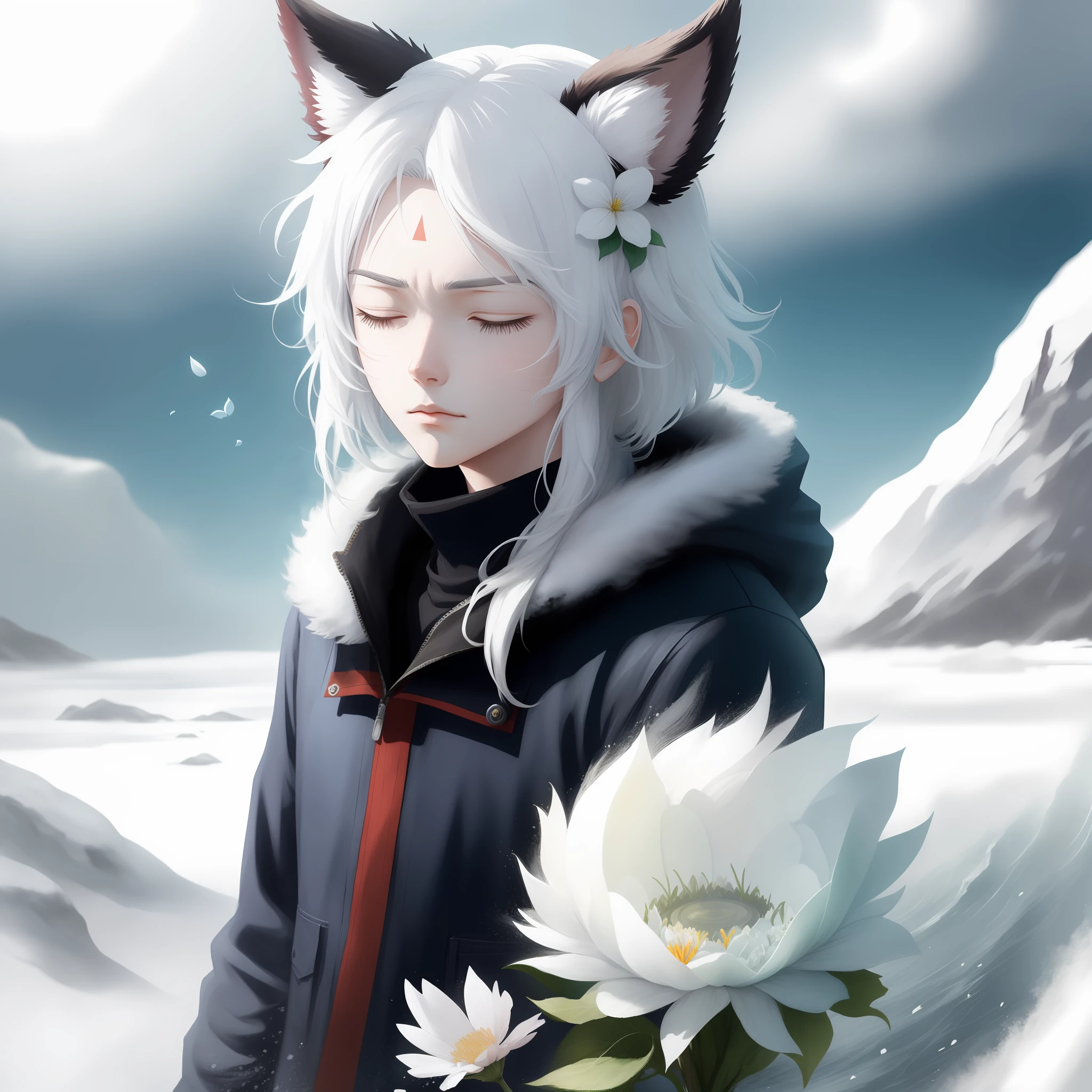 white hair, forehead mark, lonely, floating hair, flower on head, animal ears, unconscious, snowy day, flower sea, blindman, Play, high detail, high detail, high detail, anime, super detail