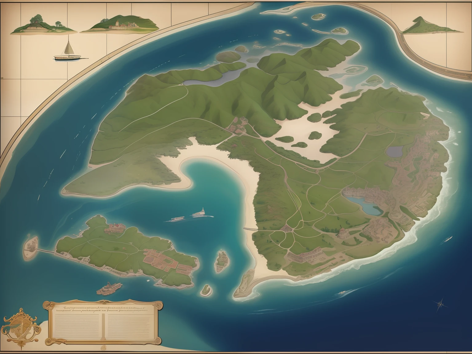 (Masterpiece, Best_quality: 1.1), a parchment map showing the large uninhabited island with the sea outside, the island was covered by clouds.