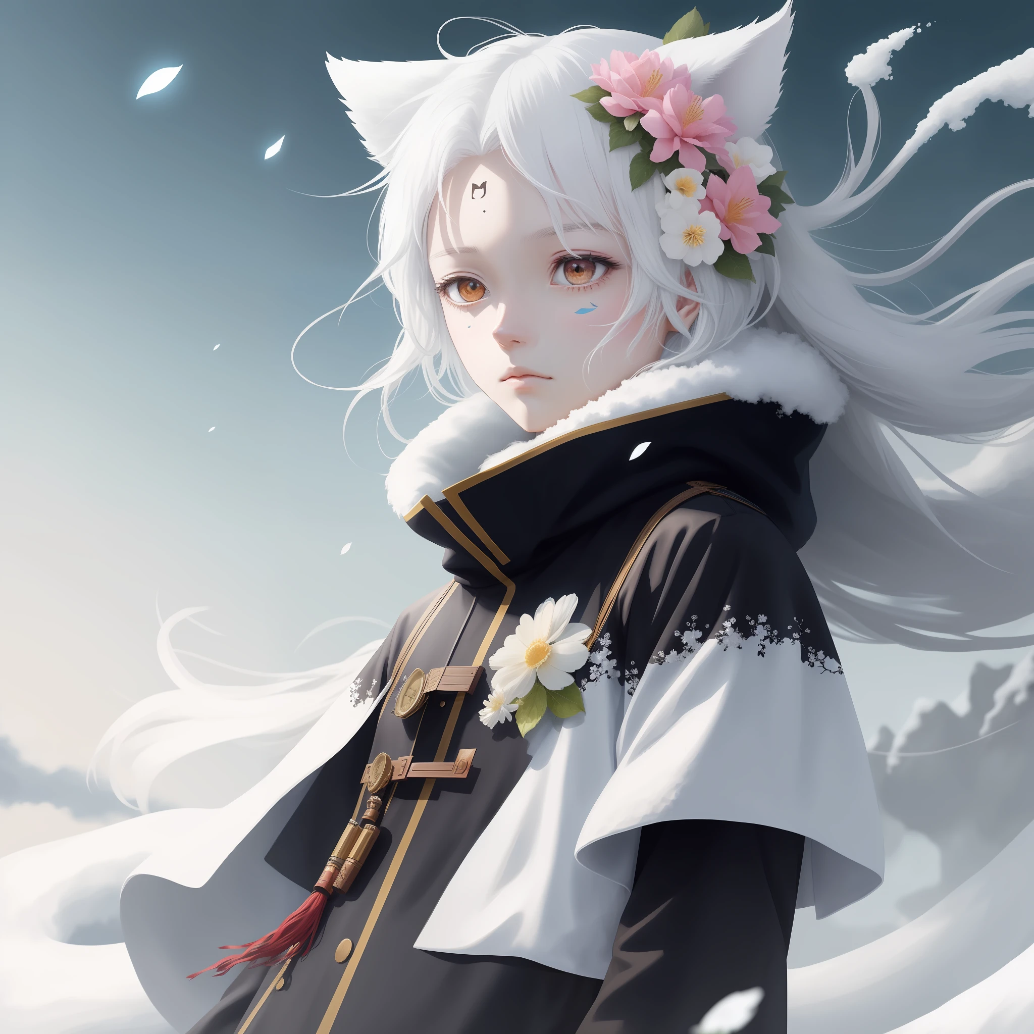 white hair, forehead mark, lonely, floating hair, flower on head, animal ears, unconscious, snowy day, flower sea, blindman, Play, high detail, high detail, high detail, anime, super detail
