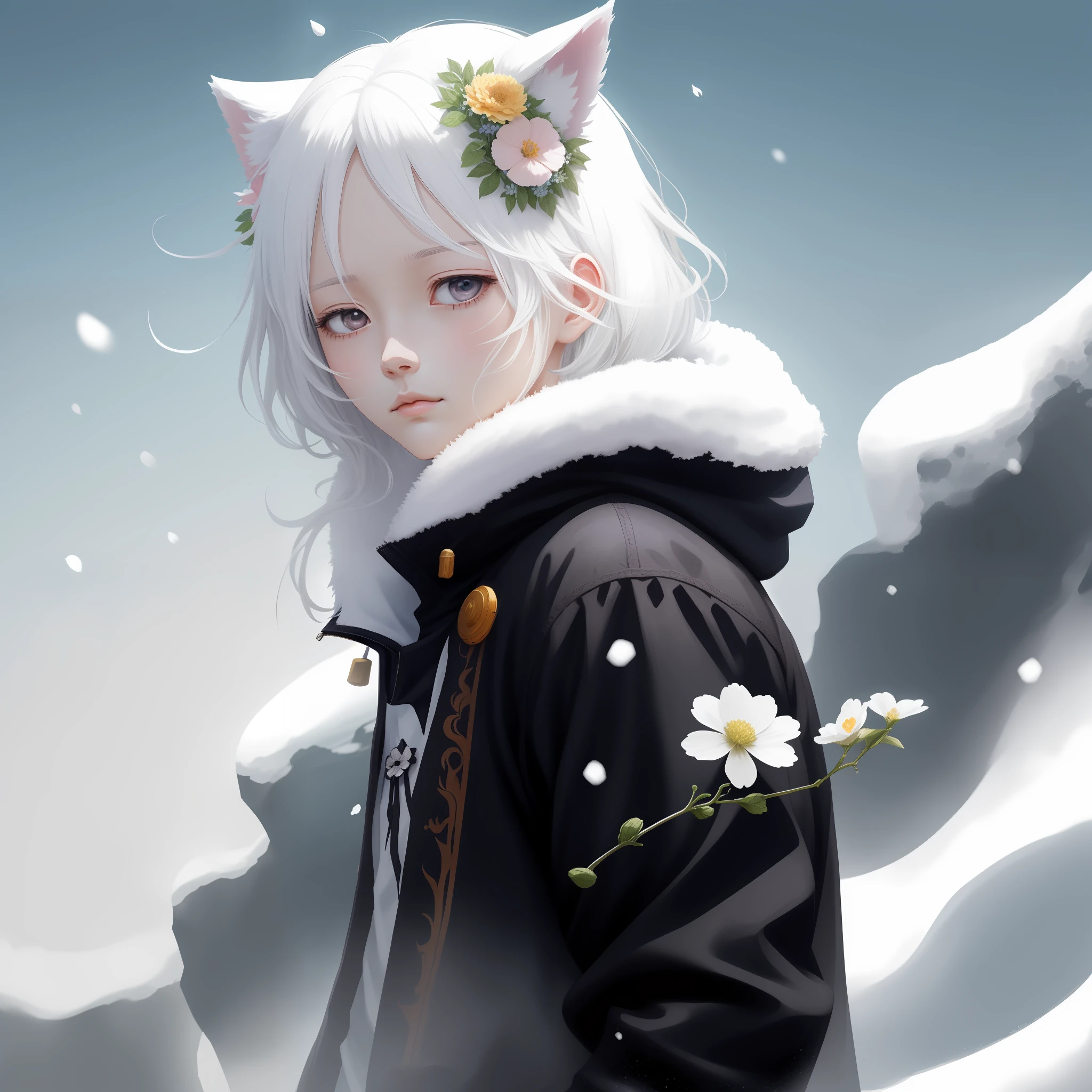 white hair, forehead mark, lonely, floating hair, flower on head, animal ears, unconscious, snowy day, flower  sea, blindman, Play, high detail, high detail, high detail, anime, super detail