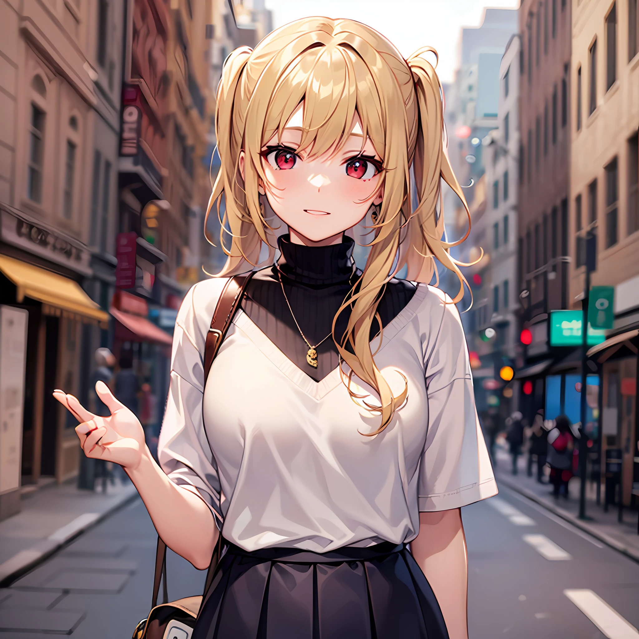 One blonde girl、red eyes、poneyTail、turtle neck、skirt by the