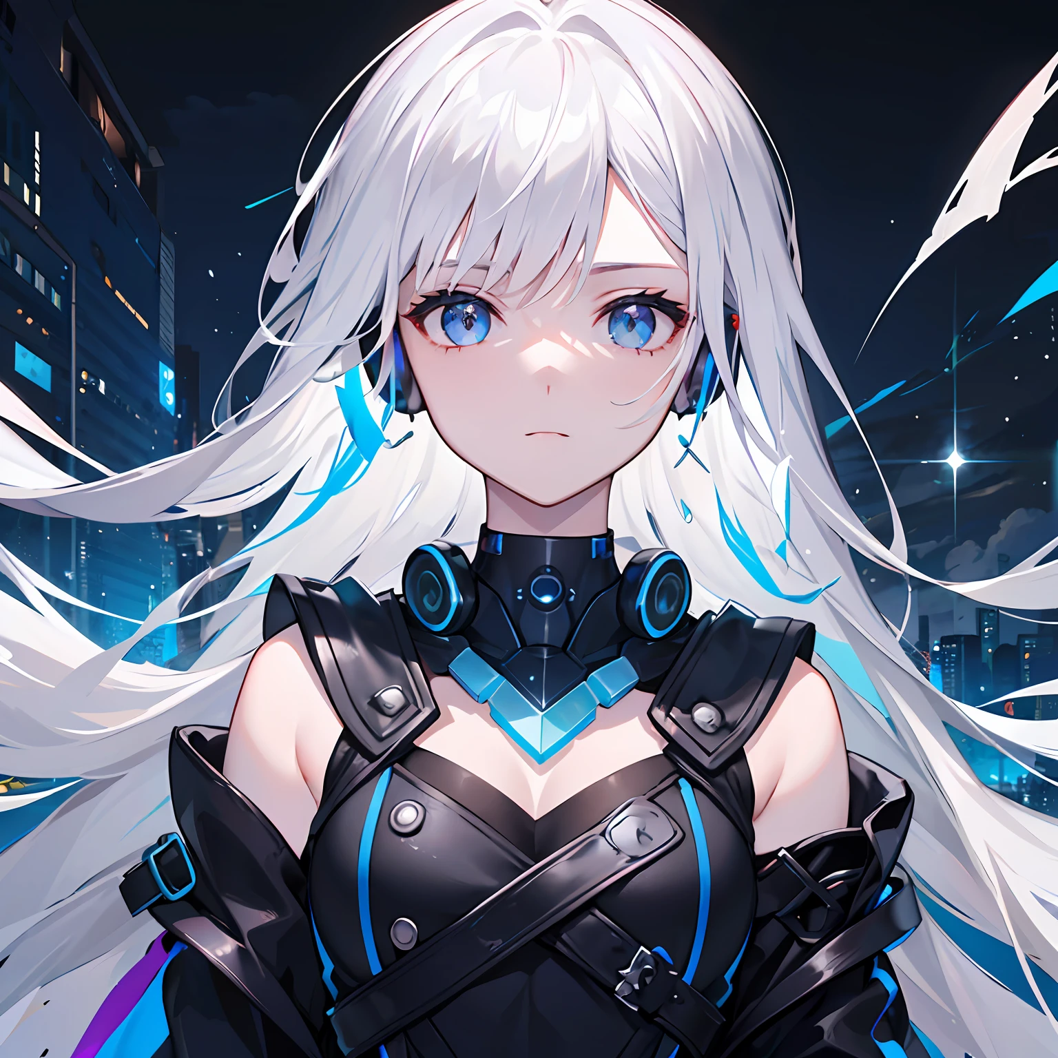 White hair, Sparkle, Masterpiece, Anatomically correct, High quality, Best quality, Highly detailed facial detail，（medium to long shot），Kizi，the lora，Earphone，（（（​​clouds：0.3），multiple_Luna，（Floating_Fortress Technical Machinery），night sky background）），（Cyberpunk）