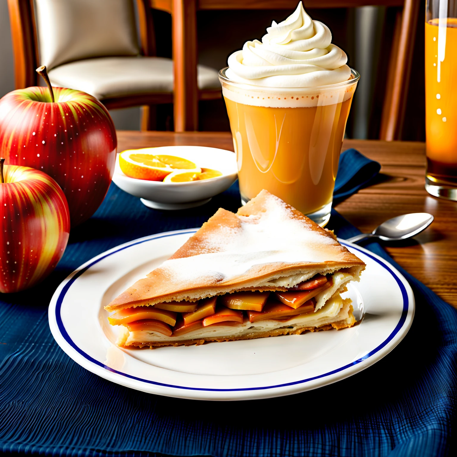 Perfect photo of apple strudel in (greg rutkowski) style, whipped cream, apple slices, cappuccino, german restaurant background, medium format, fuji superia 400, iso 800, perfectly rendered, pastel color palette, perfect composition, (beautiful hair), smooth, hard focus, intricate details, cinematic, highly detailed, 8 k, 1 6 k (FRUITFUSION:0.91) (BRTDRPP:1.34)( LIQUID SPLASH:0.4)