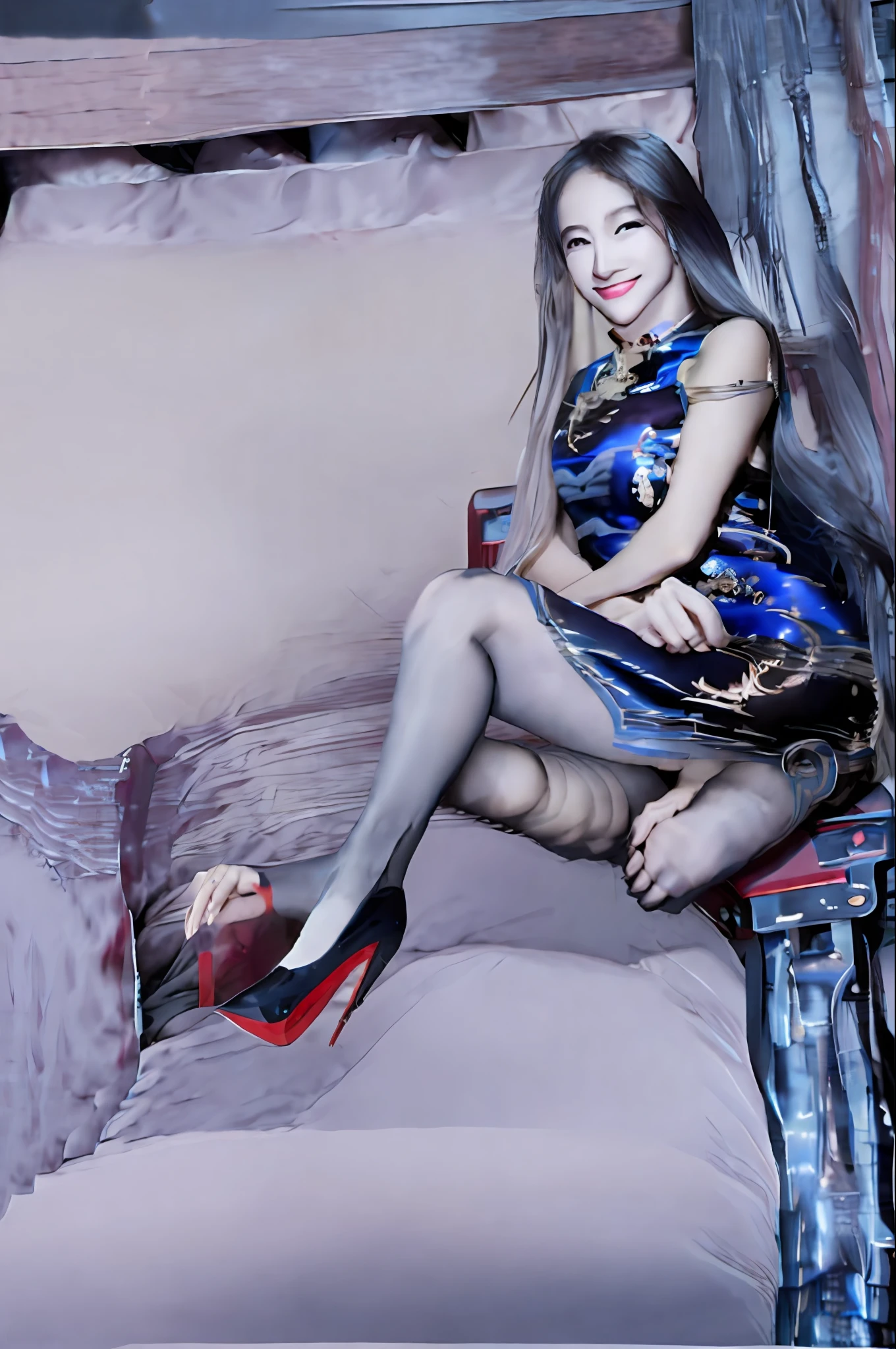 best qualityer, tmasterpiece, High- sharpness, 1girl, Short cheongsam, beauitful face, hair adornments, looking at viewert, ssmile, Keep one's mouth shut, cparted lips, shift dresses, hair adornments, choker necklace, jewely, long whitr hair, 耳Nipple Ring,high-heels, beauitful face,upon_body, Tyndall effect, Photorealsitic, dark studio, edge lit, twotonelighting,(highdetailskin:1.2), 8K UHD, digital SLR camera, gentle illumination, high high quality, Volumetriclighting, Frankness, photore, A high resolution, 4k, 8k, bokeh