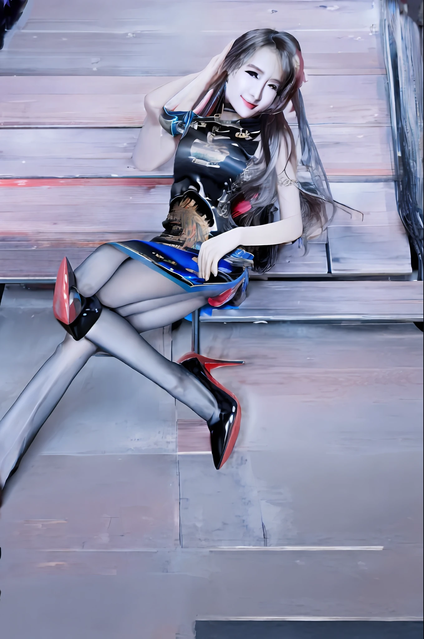 best qualityer， tmasterpiece， High- sharpness， 1girl， Short cheongsam， beauitful face， hair adornments， looking at viewert， ssmile， Keep one's mouth shut， cparted lips， shift dresses， hair adornments， choker necklace， jewely， long whitr hair， 耳Nipple Ring，high-heels， beauitful face，upon_body， Tyndall effect， Photorealsitic， dark studio， edge lit， twotonelighting，（highdetailskin：1.2）， 8K  UHD， digital SLR camera， gentle illumination， high high quality， Volumetriclighting， Frankness， photore， A high resolution， 4k， 8k， bokeh