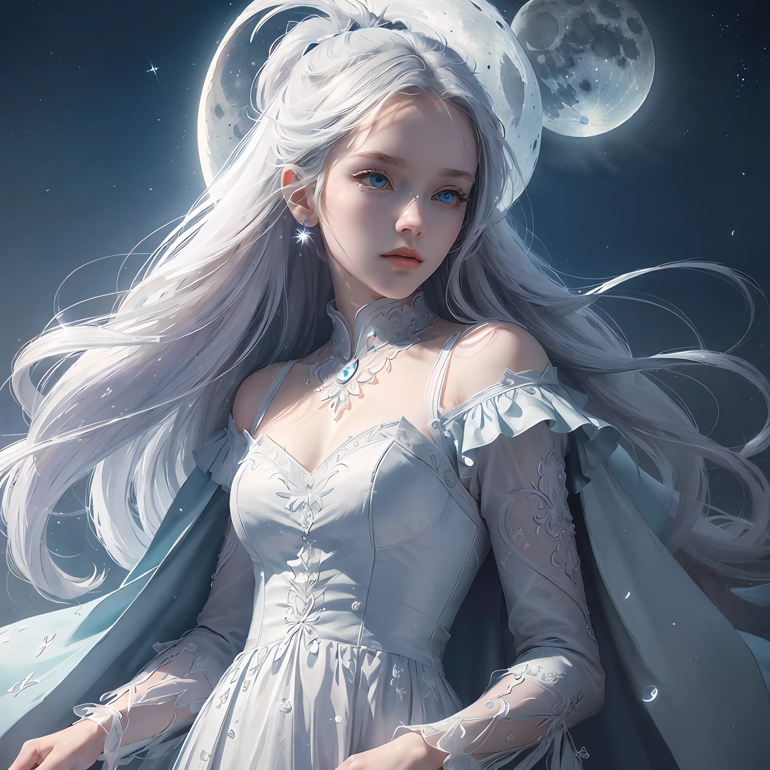 Clear quality，high-level image quality，long  white hair，Purple pupils，White oversized moon，The maiden stands in front of the moon，with her hands folded on her chest，battle garment，cropped shoulders，Pupil softness，best qualtiy，Premium image quality，Vintage coiled hair，high-necked，Black lace top --auto