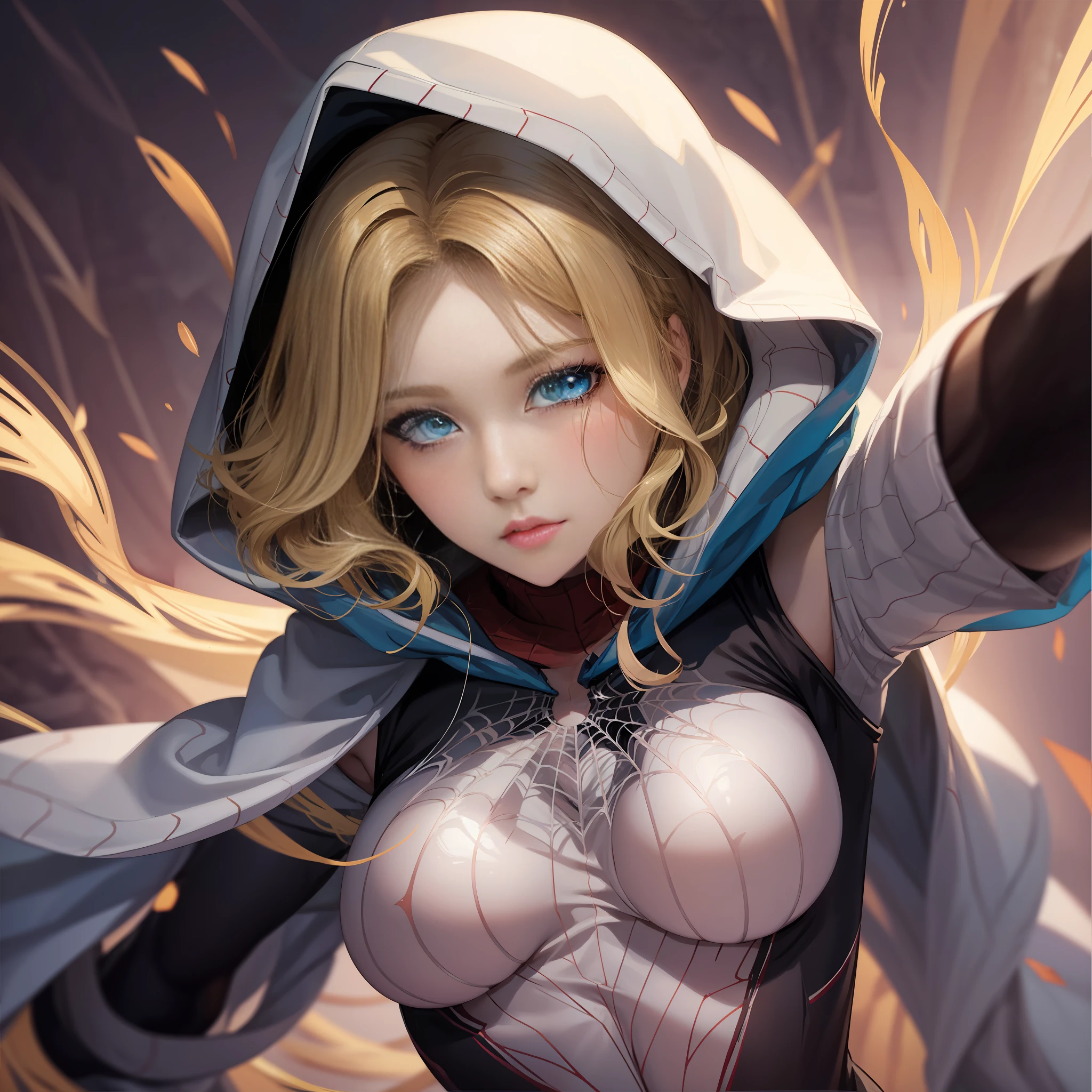 1girl, solo, long hair, , Gwen, blonde hair, blue eyes, hood, lips, bodysuit, depth of field, blurry background, skin tight, superhero, spider web print, white bodysuit