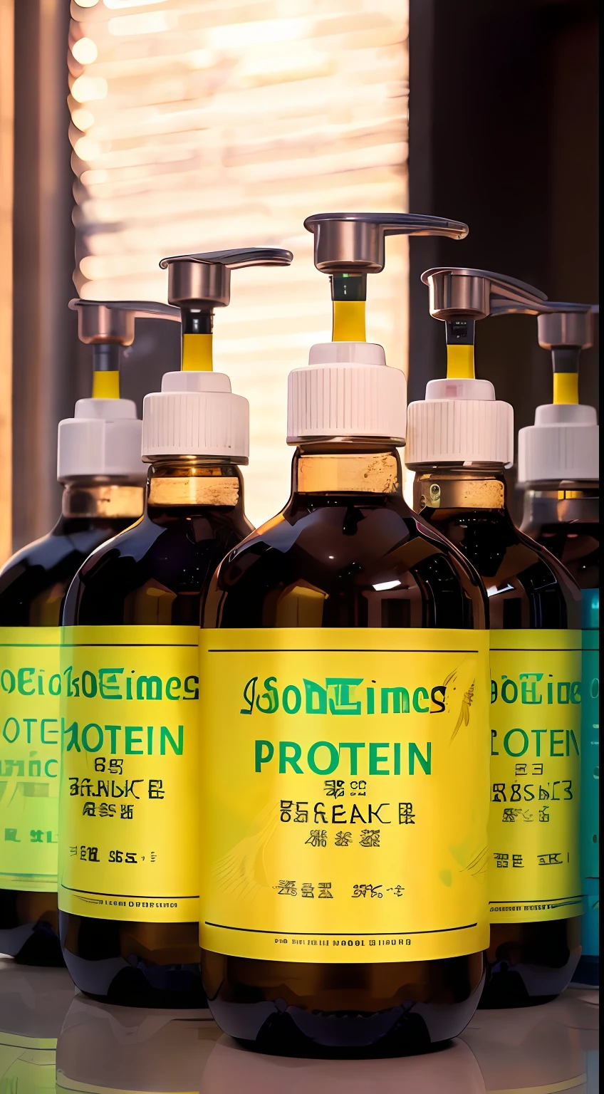 (Several bottles of high-quality protein in a row:1.3),Product design professional lenses,Commercial product shooting,(Detailed product close-up+high quality topical render),Neutral sound,Official product photo,studio product photography,Official product image.There are traces of water on the ground