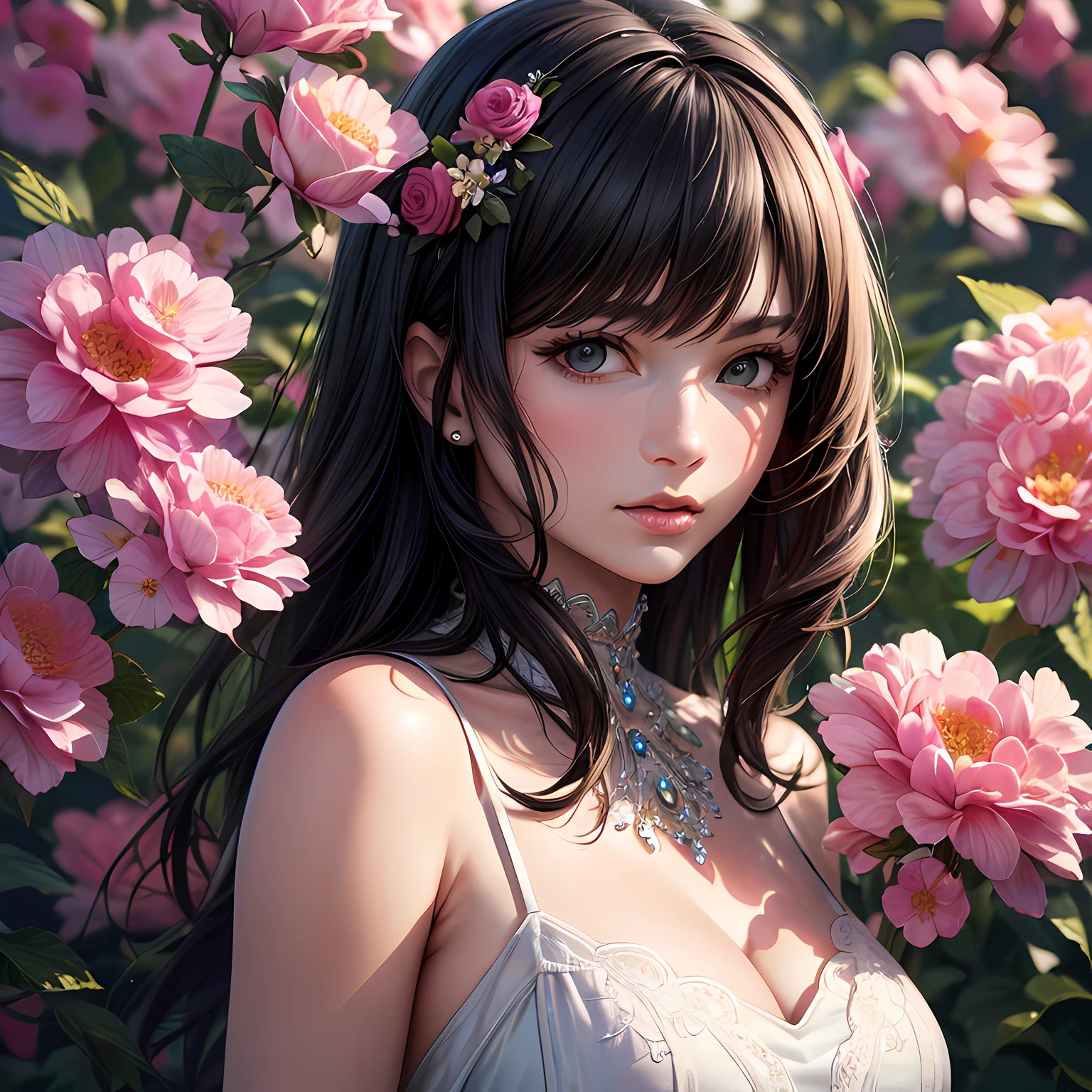 (masterpiece, best quality), photorealistic illustration, mature woman, flower dress, colorful, darl background,flower armor, pink theme,