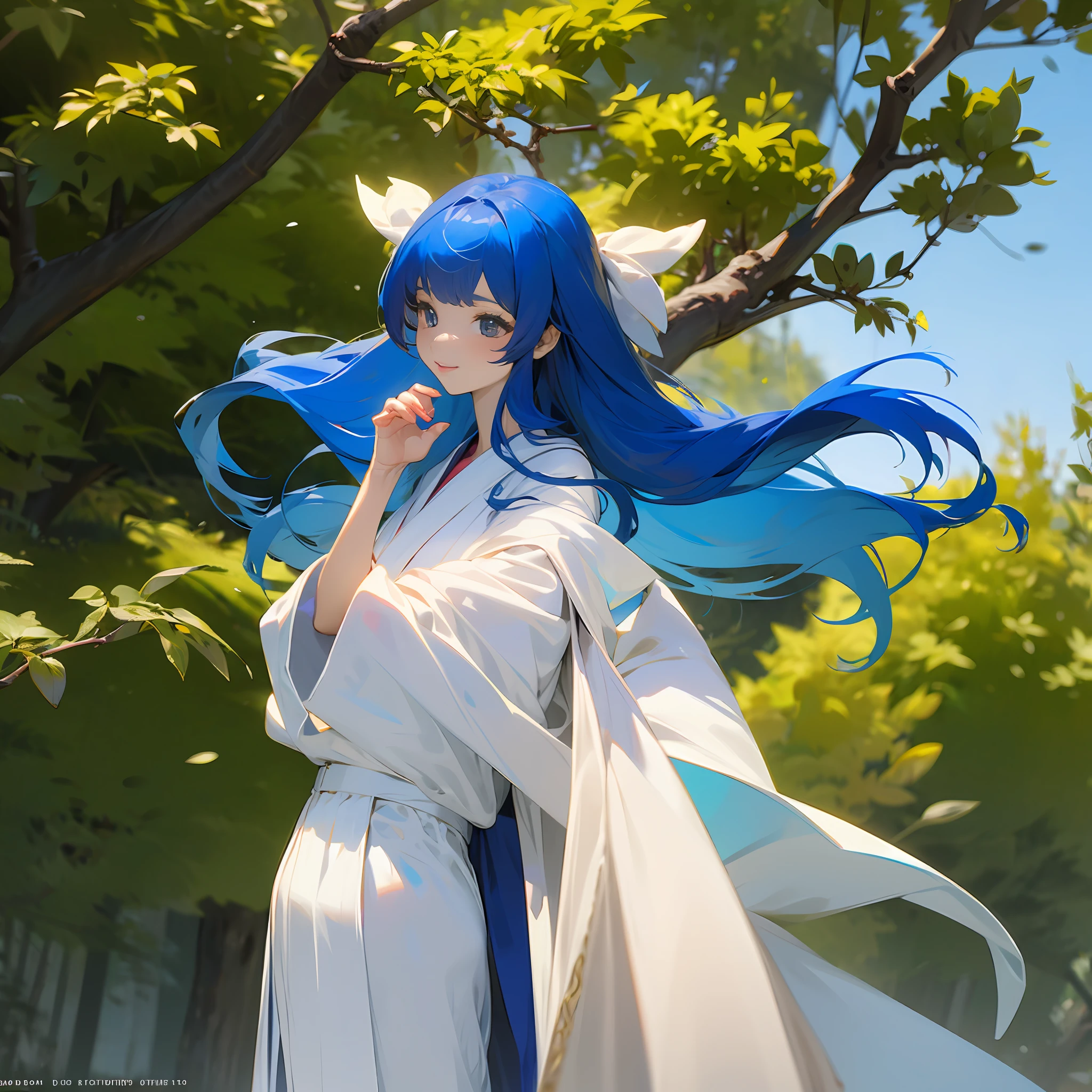 "Exquisitehands,solo person,Beautiful、High-definition feature labels,Blue hair enhancement 1.2,White robe 1.1,Blue clothing label enhancement 1.1,sideways standing,cute girly,Enhanced version,Suitable for fair skin1.1,Enhance in sunlight1.1,There are branches and leaves around。"