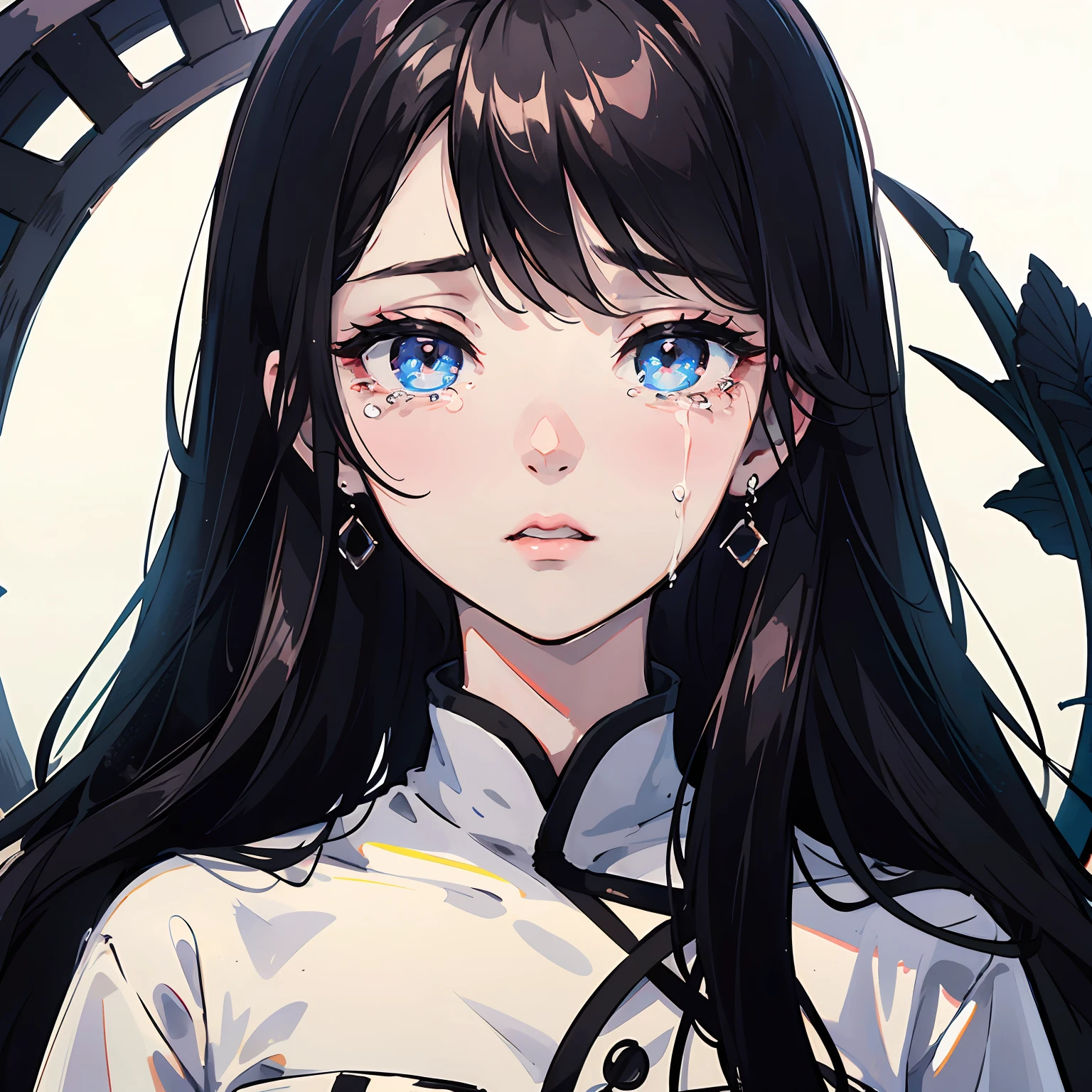Best quality,tmasterpiece,Kizi,Black hair,黑The eye,crying eyes,Tears,parted,The color is monotonous --auto