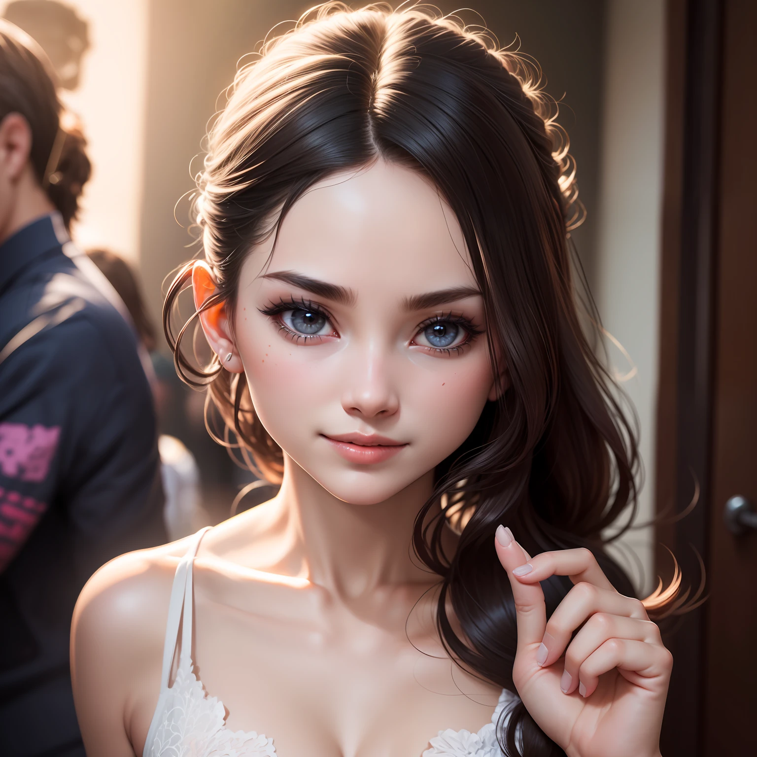 ((High resolution, ultra-detailed, extremely delicate details)) masterpiece, best quality, surrealism, bright colors, sci-fi, punk, good hands, fine face, delicate and detailed eyes, realistic details, incredible accuracy, deep pink, photon, ether, smoky gray, guilt, jaw-dropping precision, magical pet companion, a mysterious creature with telepathic abilities and shape-shifting properties, fine face, delicate and detailed eyes, pointing pose, looking at the audience, flirting smile look, depth of field ,