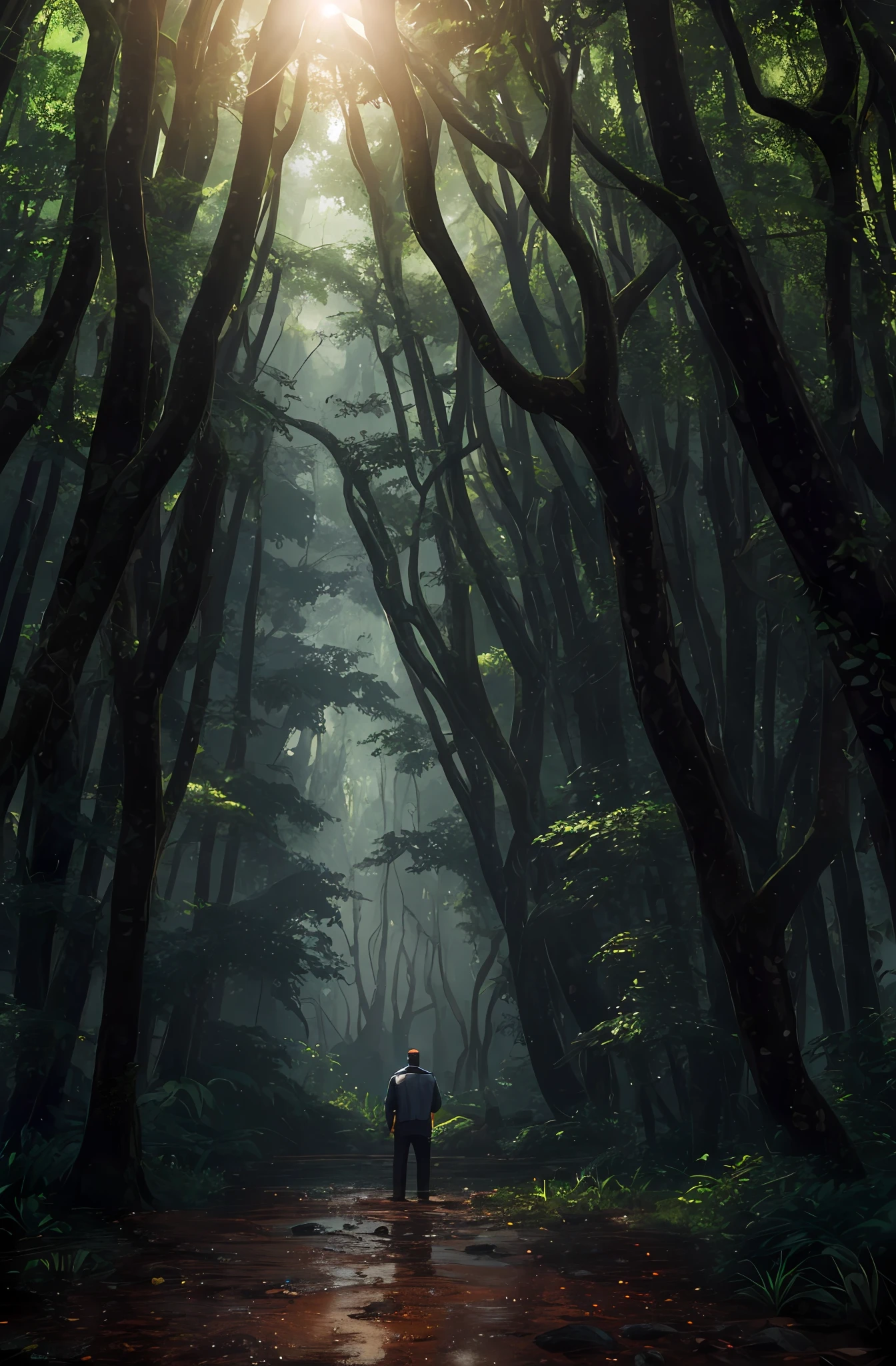 Back view of a 20 years old boy wearing torn clothes is touching the snout or trunk of a giant elephant 🐘 standing in front of him. A beautiful masterpiece. Sunlight in the forest. Greenery in the forest. The boy is standing on the stone. Mysterious forest Ultra 4k Hd view . A jungle, with intense rainfall, monochromatic, vines all around, giant and wet trees, masterpiece, best quality, high quality, extremely detailed CG unity 8k wallpaper, oil paiting, award winning photography, Bokeh, Depth of Field, HDR, bloom, Chromatic Aberration ,Photorealistic,extremely detailed, trending on artstation, trending on CGsociety, Intricate, High Detail, dramatic, art by midjourney, volumetric lighting realistic view --auto