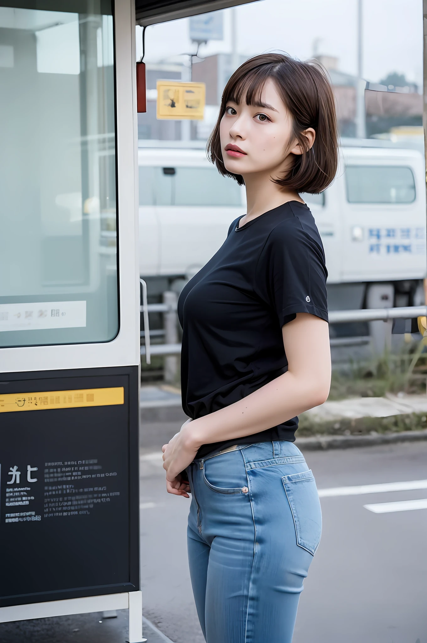 top-quality, masterpiece, hight resolution, 1girl in, beautiful and flawless face, Bob Layer Cut, One piece with a simple and retro design, Mini length、intricate-detail, Cinematic feel, 8K, ighly detailed、Colossal tits、Angle from the side、stick out buttocks、up chest、beautiful countenance、Full body shot、1 persons、bus stop、profile、sideways Facing、to stand、gazing into distance、arms in arms、