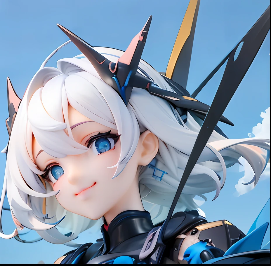 Water mech and summer theme, blue and summer colors, girl with a mix of mechanical parts and human features, smiling, outfit with mechanical elements and a flight over the sea design, hair and eye color to match the theme, flying pose, sea and sky background.