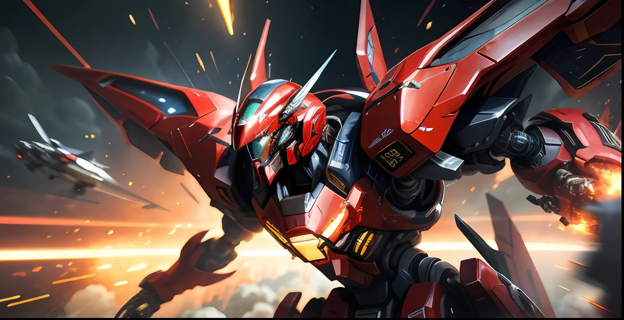 red color mecha,Humanoid mech,Mechs fly in the sky,large scene,Battle screen,film effect,Symmetrical picture,(digitial painting),(best qualtiy),8K hyper-realism, Transverse