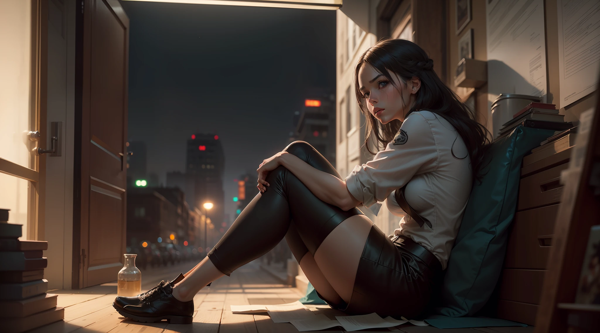 25-year-old woman sits at the top of the building in black suit, triste, Cabello negro ancho, ojos azules,((noche)), (fondo de pantalla CG unidad 8k extremadamente detallado), full shot body photo of the most beautiful artwork in the world, Incredibly beautiful photo realistic cute young woman in the most urban outfit, pecho grande, majestic professional oil painting by Ed Blinkey, Atey Ghailan, Estudio Ghibli, por Jeremy Mann, Greg Manchess, Antonio Moro, tendencia en ArtStation, tendencia en CGSociety, intrincado, Alto detalle, foco nítido, dramatic and photorealistic art by Midjourney and Greg Rutkowski,(8k, La mejor calidad, obra maestra:1.4), (Stunningly Detailed), (alta nitidez), ((Detailed facial features)), (piel finamente detallada) --auto