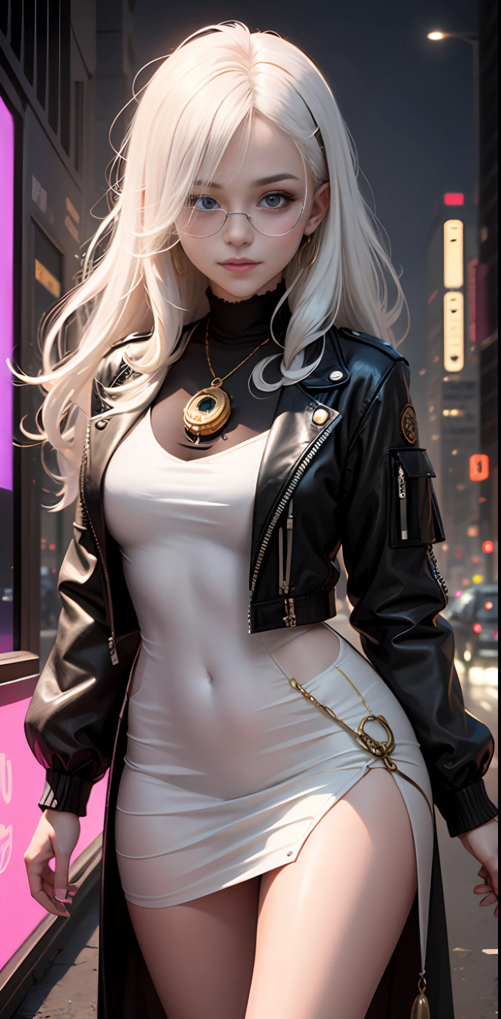 Cyberpunk Style, teens girl, 年轻, White hair, ssmile, long whitr hair,Gold-tone monocle,Beth,black long sleeves