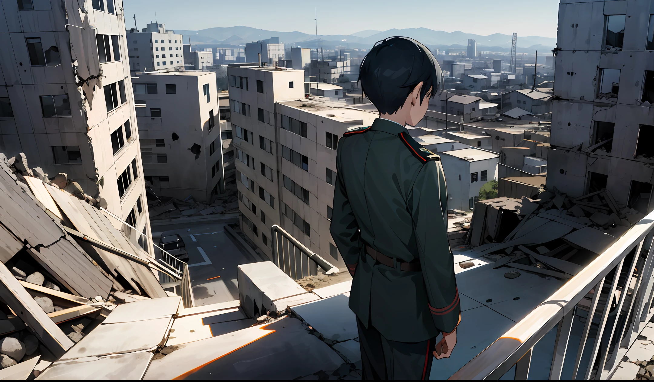 A boy in military uniform looks out at the war-torn city