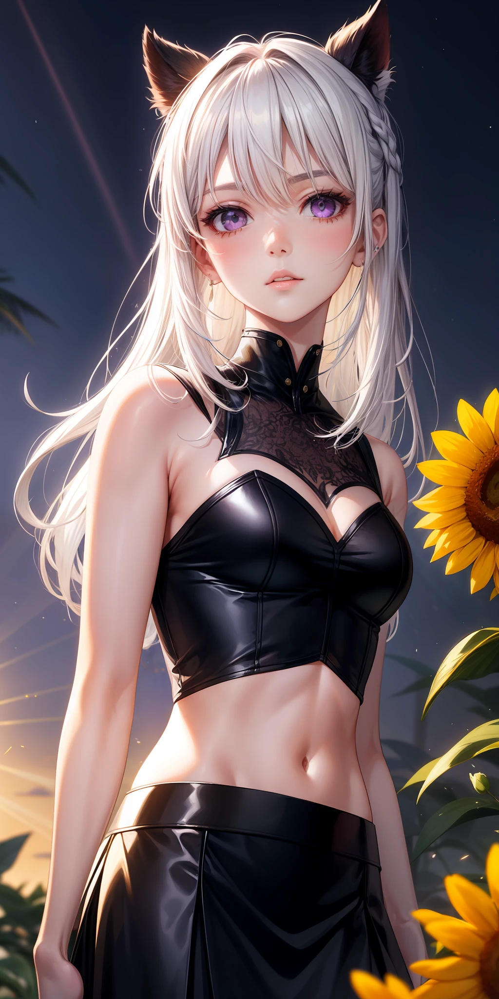 realisticlying,1girl,White hair,Purple eye,glowing light eyes,Cut the top,a skirt,parted lip,Be red in the face,the night,fresh flowers,suns,rays of sunshine,stocklings,blacksilk