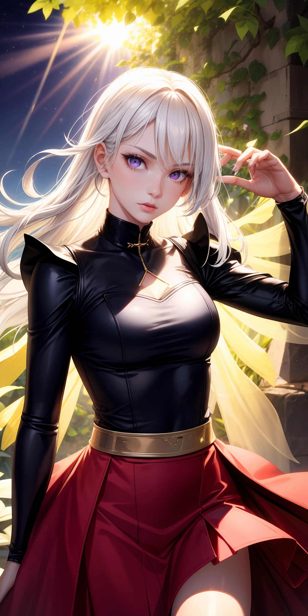 realisticlying，1girl，White hair，Purple eye，glowing light eyes，Cut the top，a skirt，parted lip，Be red in the face，the night，fresh flowers，suns，rays of sunshine，stocklings，blacksilk