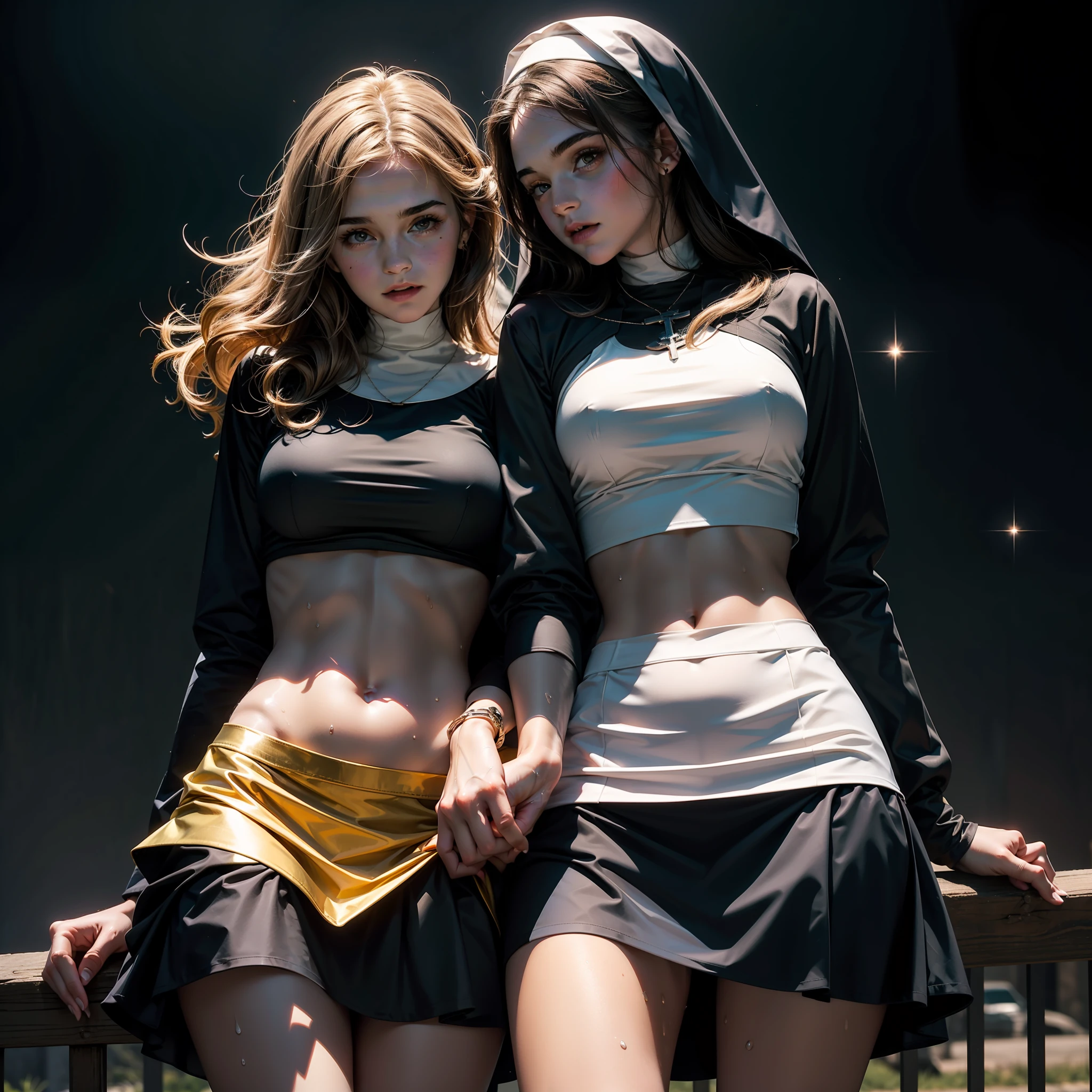 teen emma watson as two sexy nun girs sitting on a fence. tight intricate short dress costume. skirt. crop top. thighs. underboob. slender body. inside dark cathedral. dark background. hugging and kissing with a blonde girl. sparkly eyes. wet. from below.