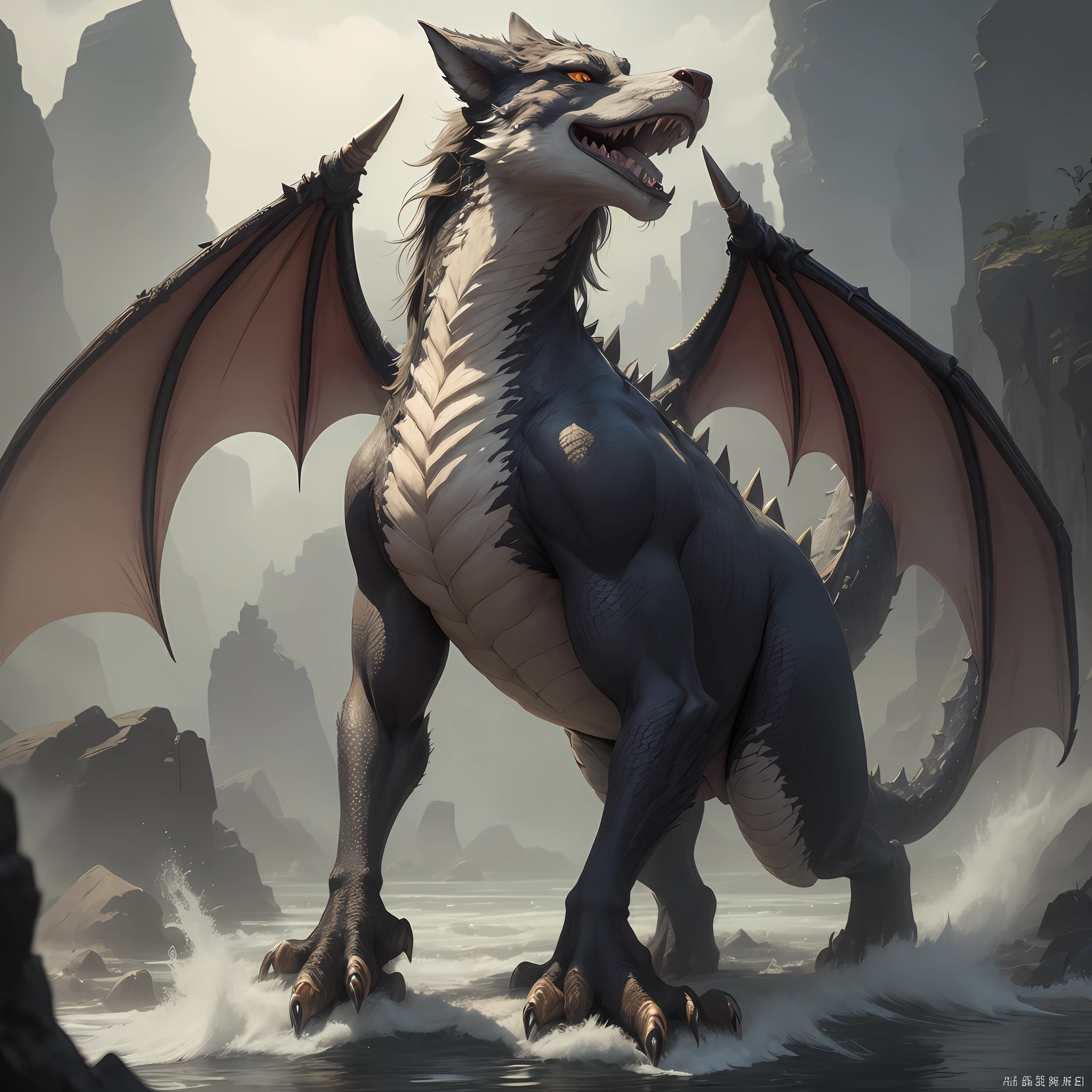 The domineering half-wolf, half-dragon stood in the stream against the wind,Hindlimb support,The hideous eyes flashed with the majesty of the world,The sharp dragon tail is tall。The Beast King's furry ears and details vary widely,Inspires cinematic effects and realism,Perfect presentation of the beauty of mythical creatures。