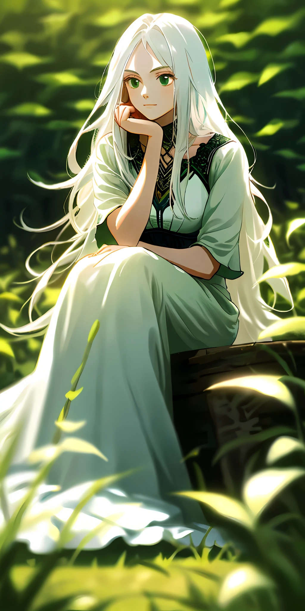 (masterpiece, best quality),1girl with long white hair sitting in a field of green plants and flowers, her hand under her chin, warm lighting, white dress, blurry foreground