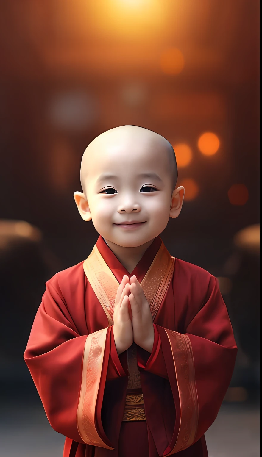 a close up of a child in a yellow robe smiling, Buddhist, monk clothes, bald-headed --auto