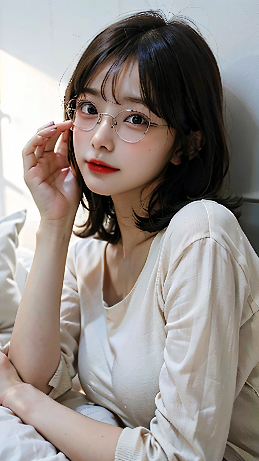 Beutiful women,short detailed hair,wears glasses,Lie down in bed