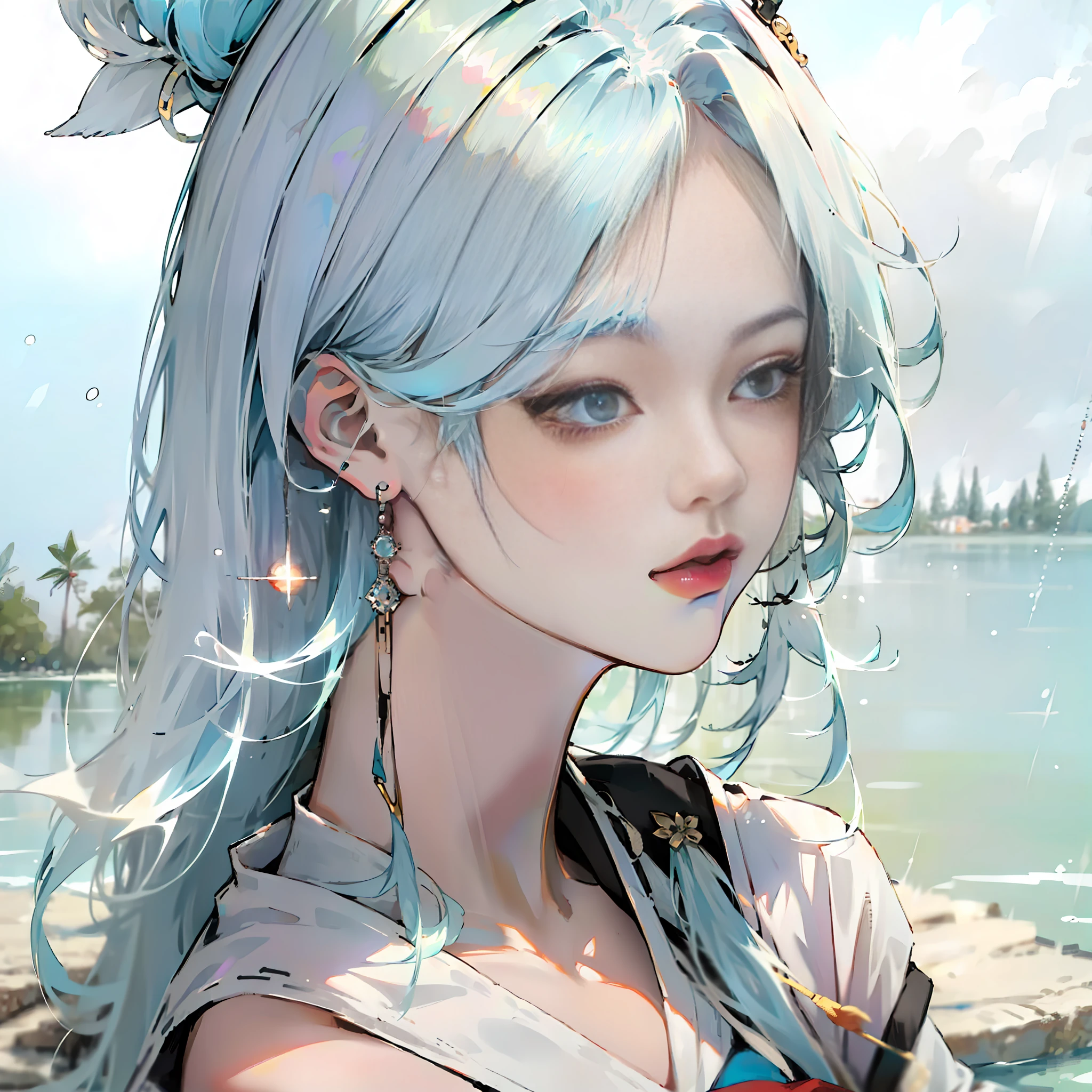 Blue-haired beauty，gentle face，Slightly ancient wind，White umbrella in hand，standing in a lake