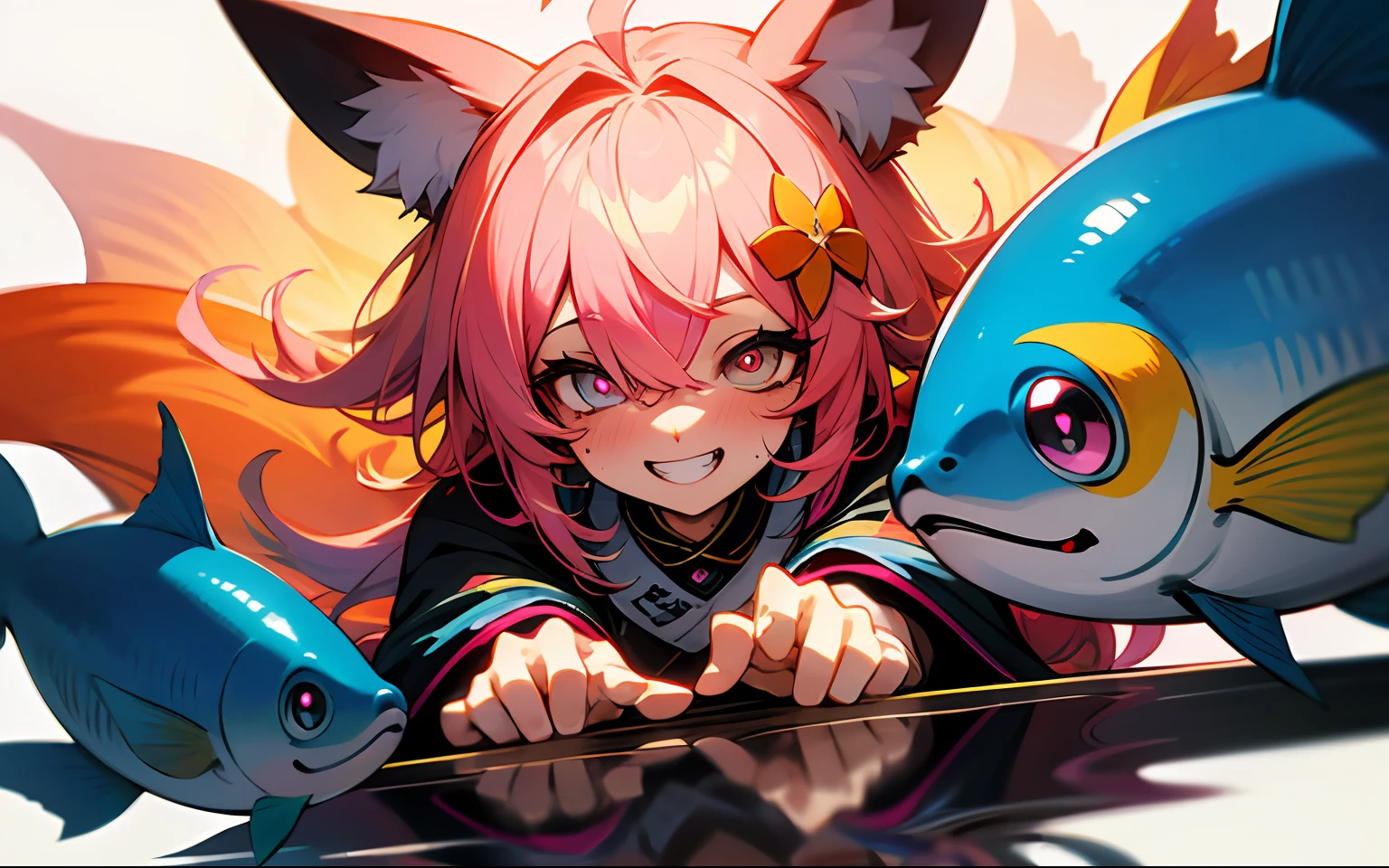blonde hair, colored inner hair, pink hair, ahoge, hair over one eye, shiny hair, blindfold, fish hair ornament, kanzashi, rimless eyewear, mole under eye, multicolored eyes, heart-shaped pupils, amber eyes, fox ears, evil smile, grin, excited, nose blush, anime style, modern, cinematic lighting, reflection light, blending, image fill, anatomically correct, UHD, 4K, textured skin --auto