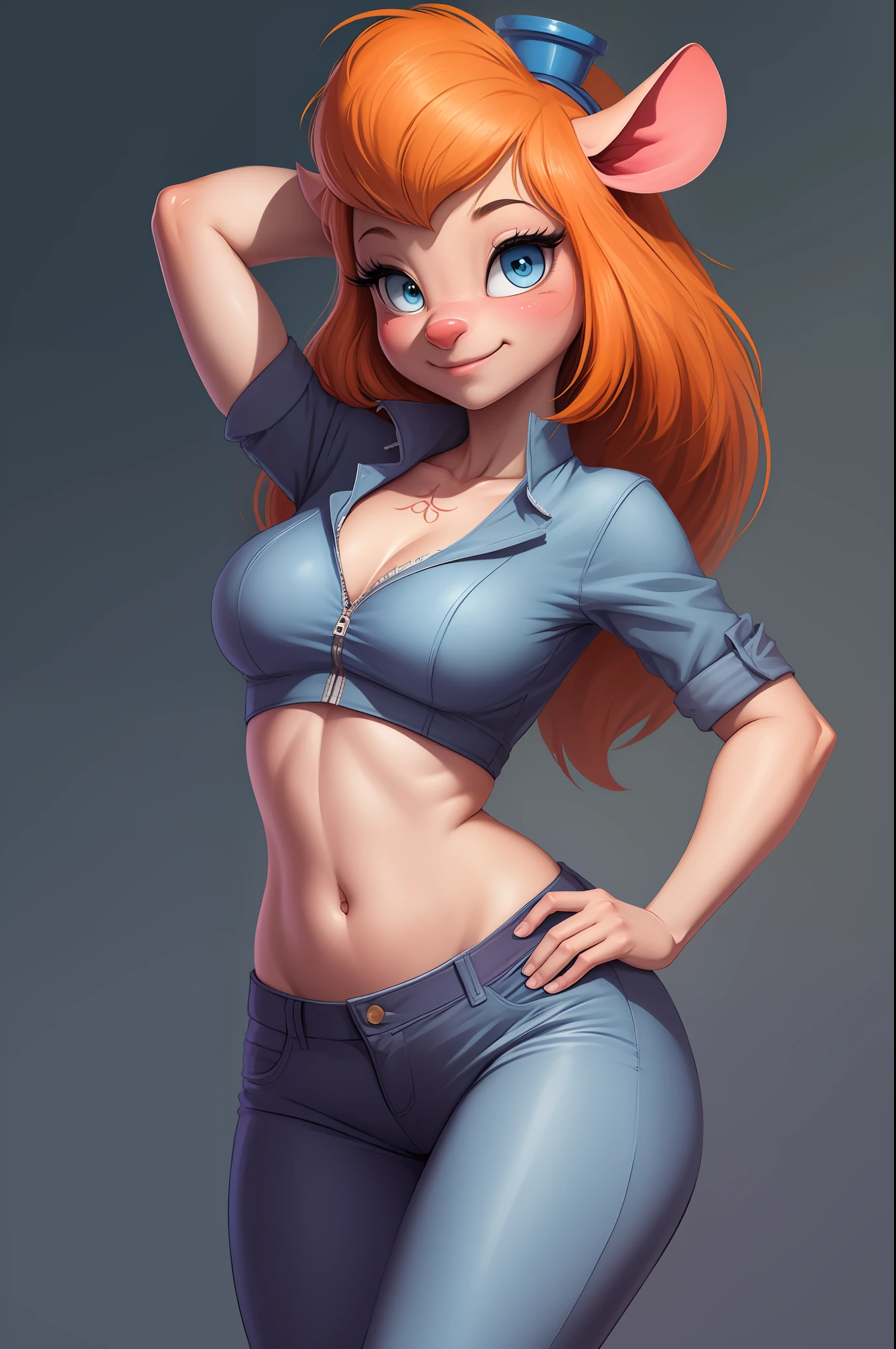 gadget_hackwrench, gh_clothes, gh_goggles, cowboy shot, smile, (high quality:1.2), masterpiece, detailed, high resolution, 4k, clear focus, simple style, cartoon, [[anime]] masterpiece, best quality, one girl, solo, detailed face, looking at the viewer, detailed skin texture, (blush: 0.5), (goosebumps: 0.5), subsurface scattering, detailed skin texture, (blush: 0.2), (goosebumps: 0.3), sexual expression,  portrait, high resolution, sfw, Disney, character, anthro, detailed fingers, flirtatious pose, right hand behind head, left hand on hip, detailed between legs, detailed tummy, detailed chest, detailed nails, midriff