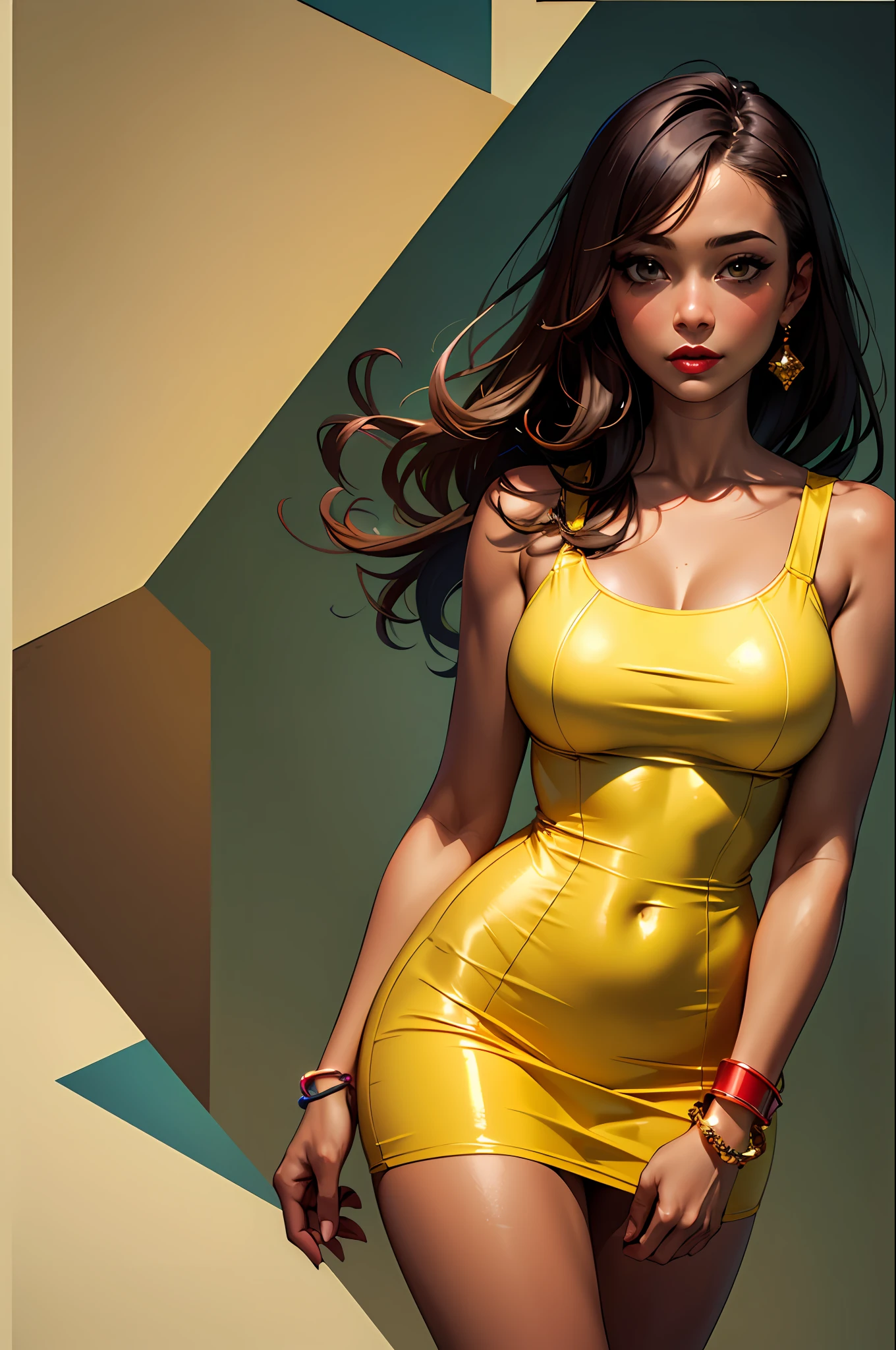 (masterpiece:1.4)、(top-quality:1.4)、
1girl in, Yellow dress swimsuit,A dark-haired, Brown-skinned), A bracelet, jewely, large full breasts, length hair, looking at the viewers, simple background, 独奏 ,realisitic,(shinny skin),(masterpiece:1.4),(top-quality:1.4),red-lips