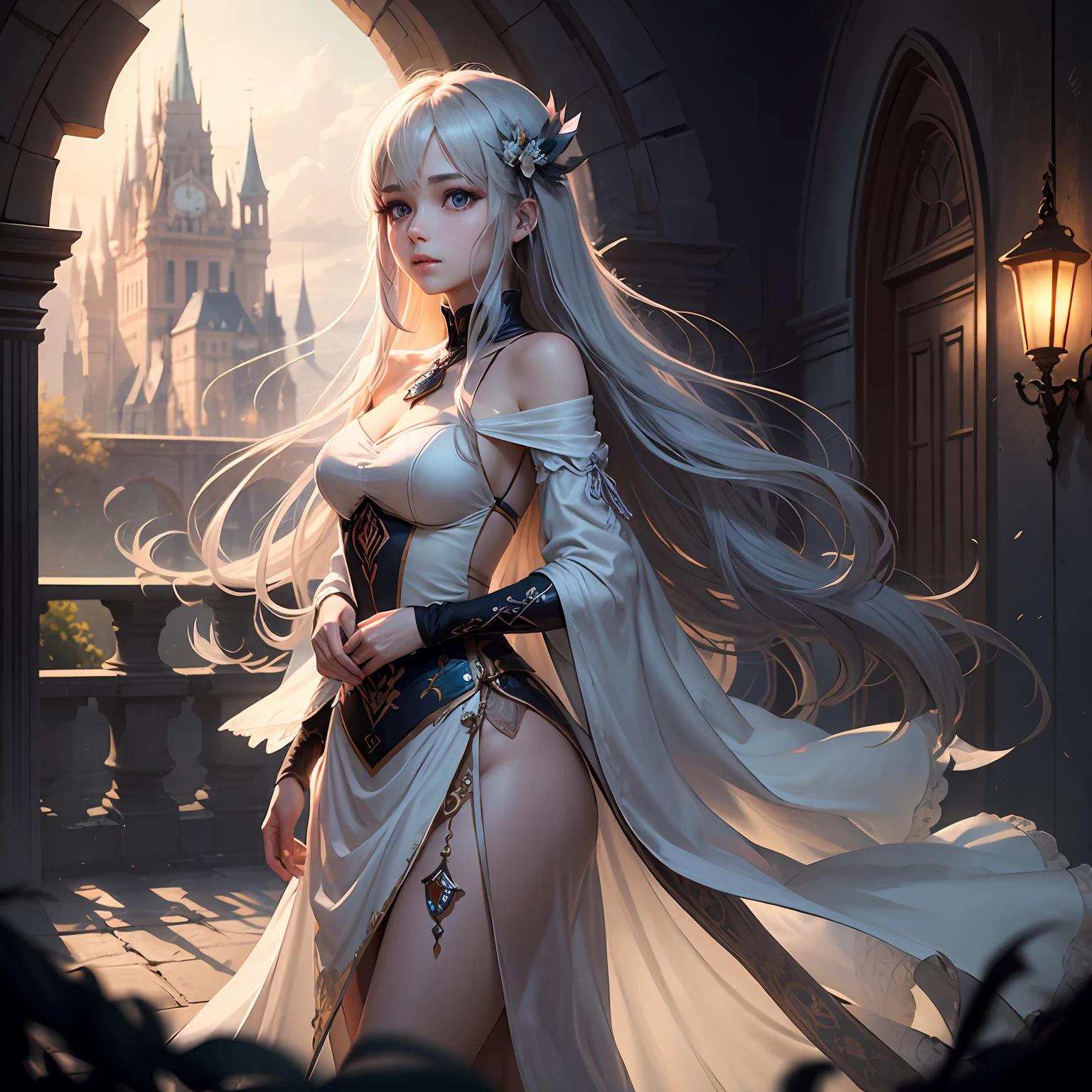 Wander around the castle，An elegant and moving girl，Long flowing hair，There was a little sadness in his clear eyes，An atmosphere that freezes in an instant，gentlesoftlighting,Detailed single player screen。 --auto