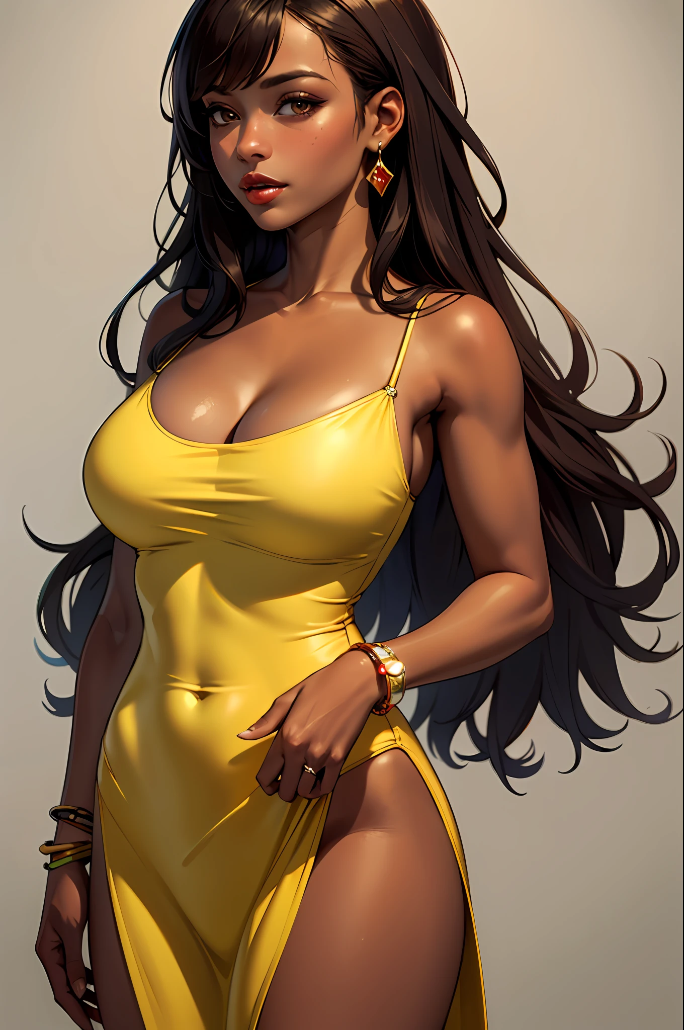 (​masterpiece:1.4)、(top-quality:1.4)、
1girl in, Yellow dress swimsuit,A dark-haired, Brown-skinned), A bracelet, jewely, large full breasts, length hair, looking at the viewers, simple background, 独奏 ,realisitic,(shinny skin),(​masterpiece:1.4),(top-quality:1.4),red-lips