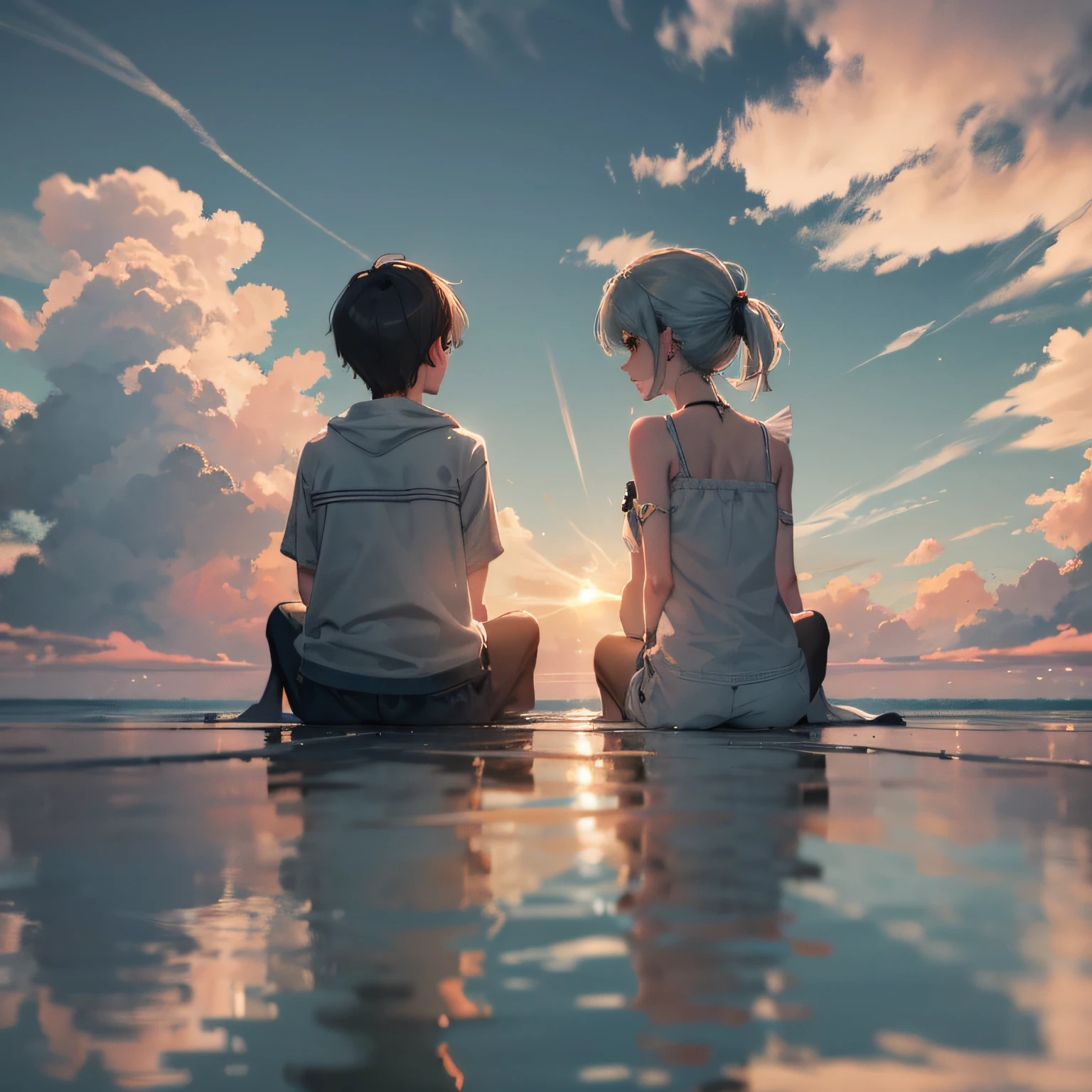 1 boy and 1 girl，Intimacies，， Sat down， up front view， wide angles， looking at viewert， on cloud， Clouds， Detailed birds， Detailed appearance， Octane renderer， realistic 3D， rays of sunshine， Actual rendering， screen space reflextions， ssao， water Reflections， subsurfacescattering， edge lit